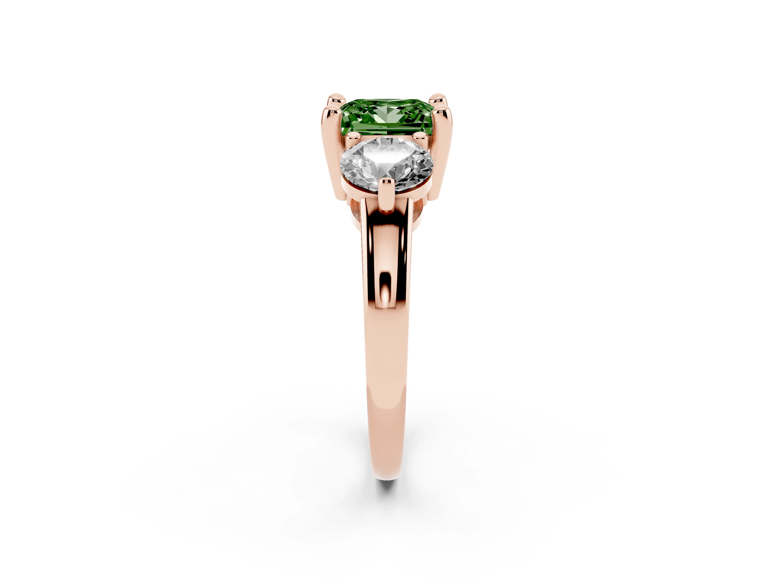Fancy Green Princess Cut Diamond Three-Stone Ring Set in Rose gold with Prong Setting and Classic Band