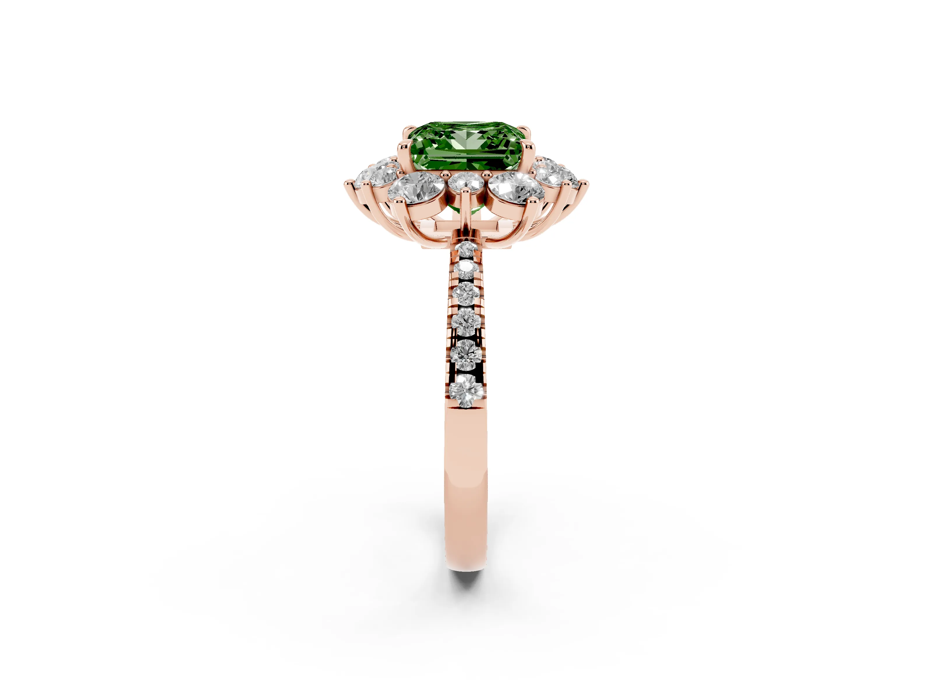 Fancy Green Princess Cut Diamond Floral Halo Ring Set in Rose gold with Round Pavé Band and Prong Setting