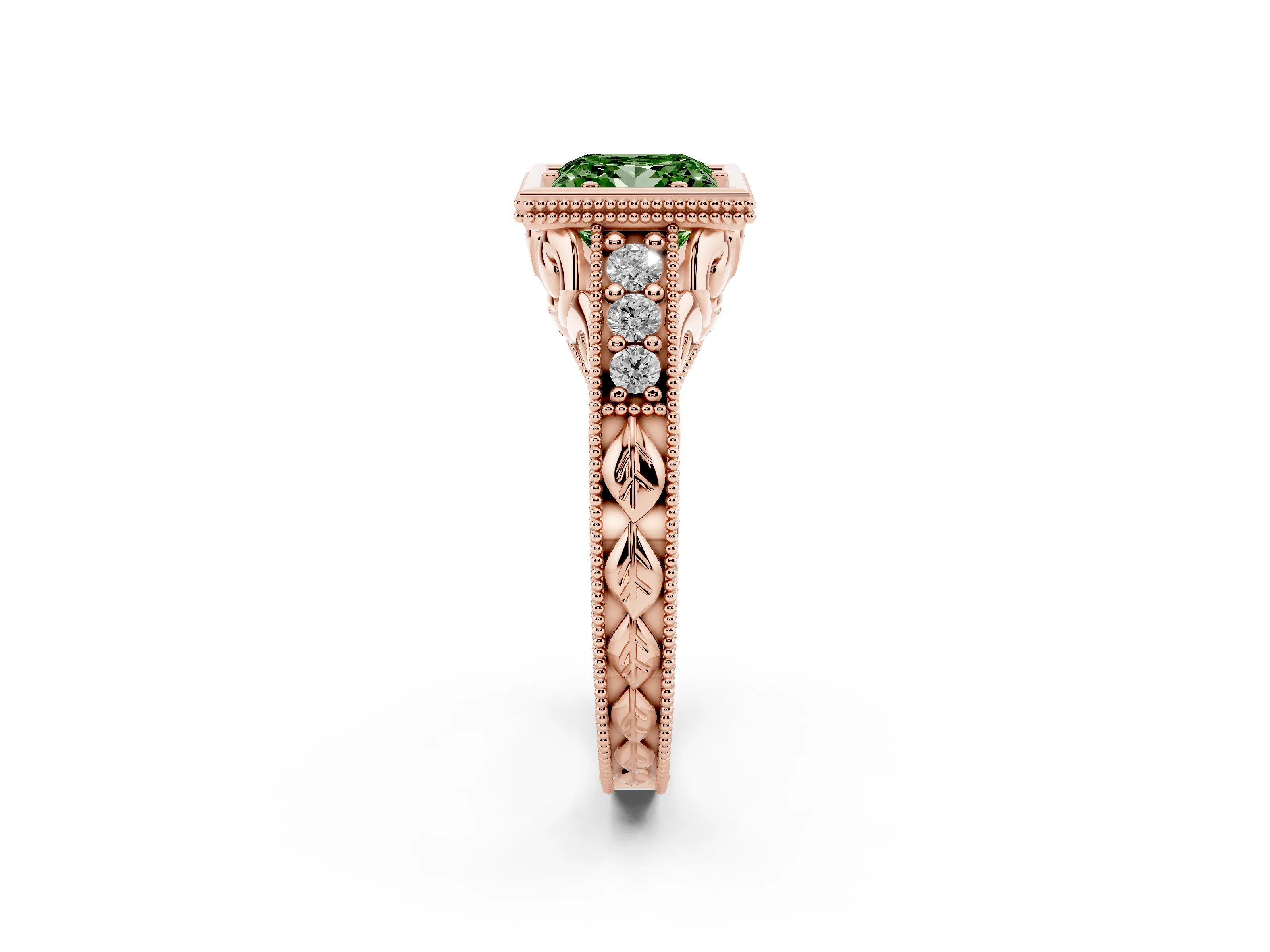 Fancy Green Bezel Set Princess Cut Diamond Milgrain Pavé Engagement Ring Set in Rose gold