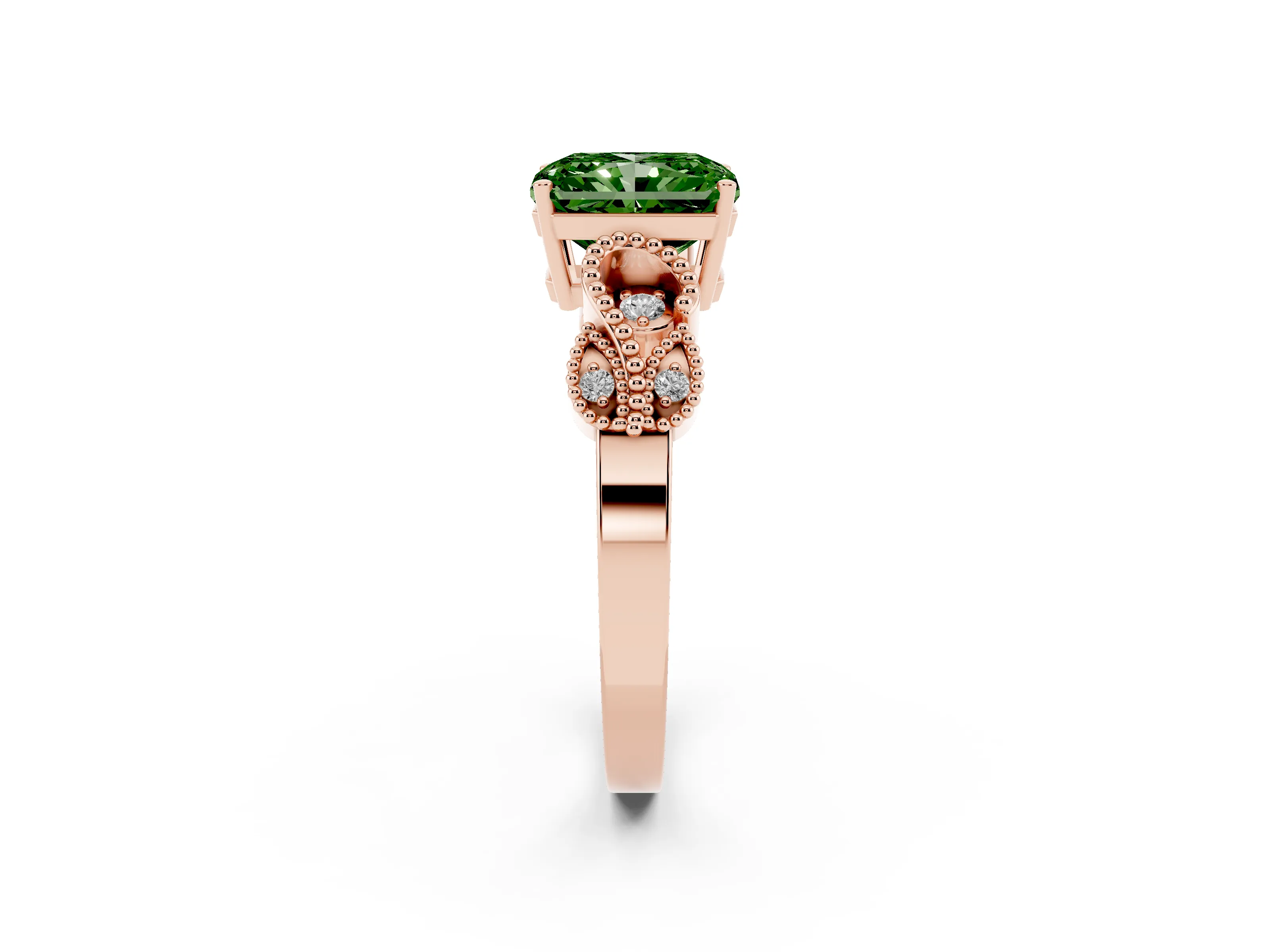 Fancy Green Princess Cut Diamond Milgrain Leaf Band Solitaire Ring Set in Rose gold with Accent Stones and Prong Setting