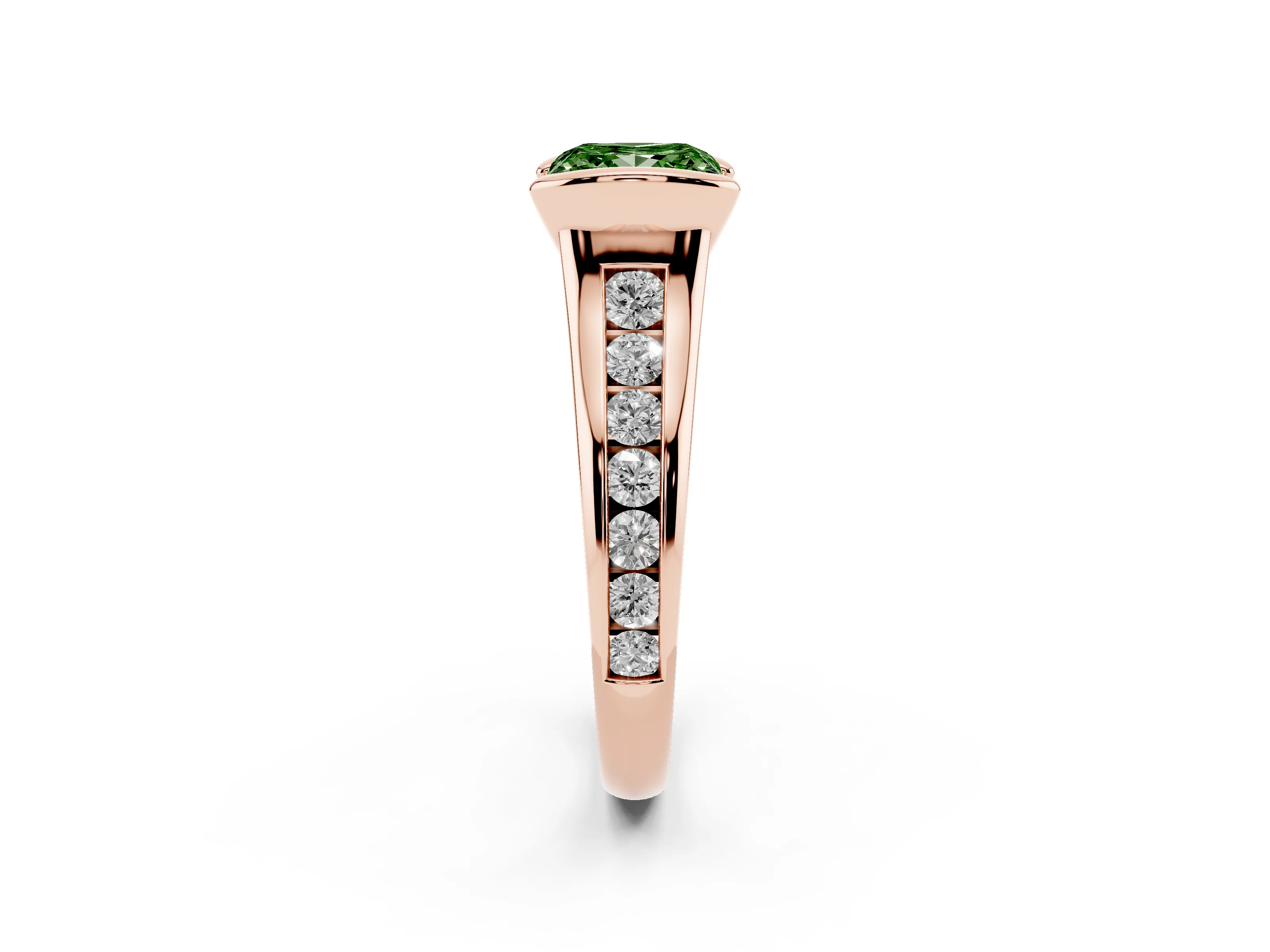 Fancy Green Princess Cut Diamond Bezel-Set Solitaire Ring Set in Rose gold with Channel-Set Band