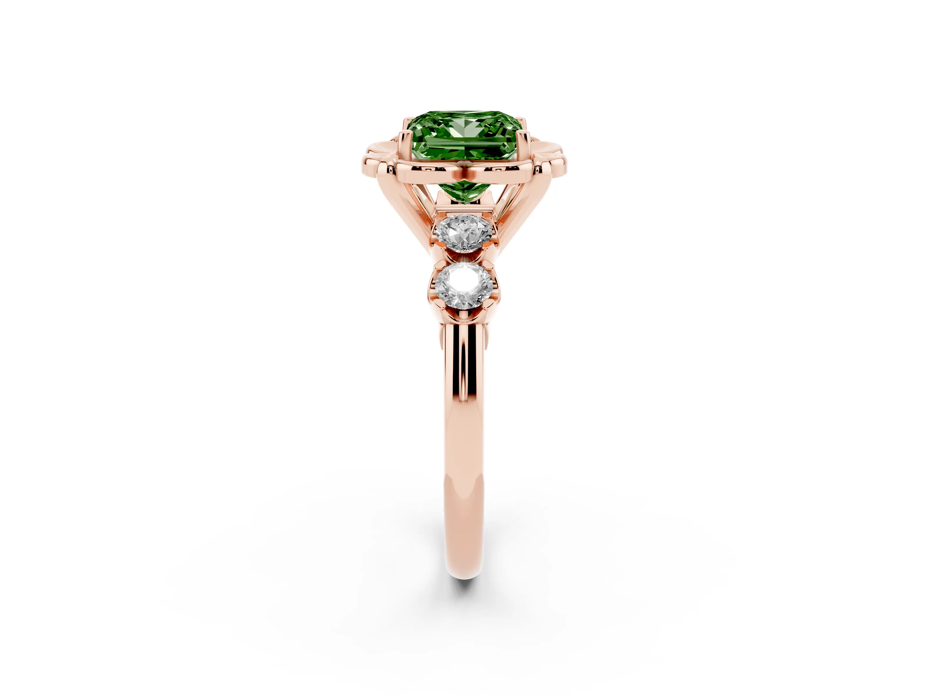 Fancy Green Princess Cut Diamond Floral Halo Ring Set in Rose gold with Shared Prong Band
