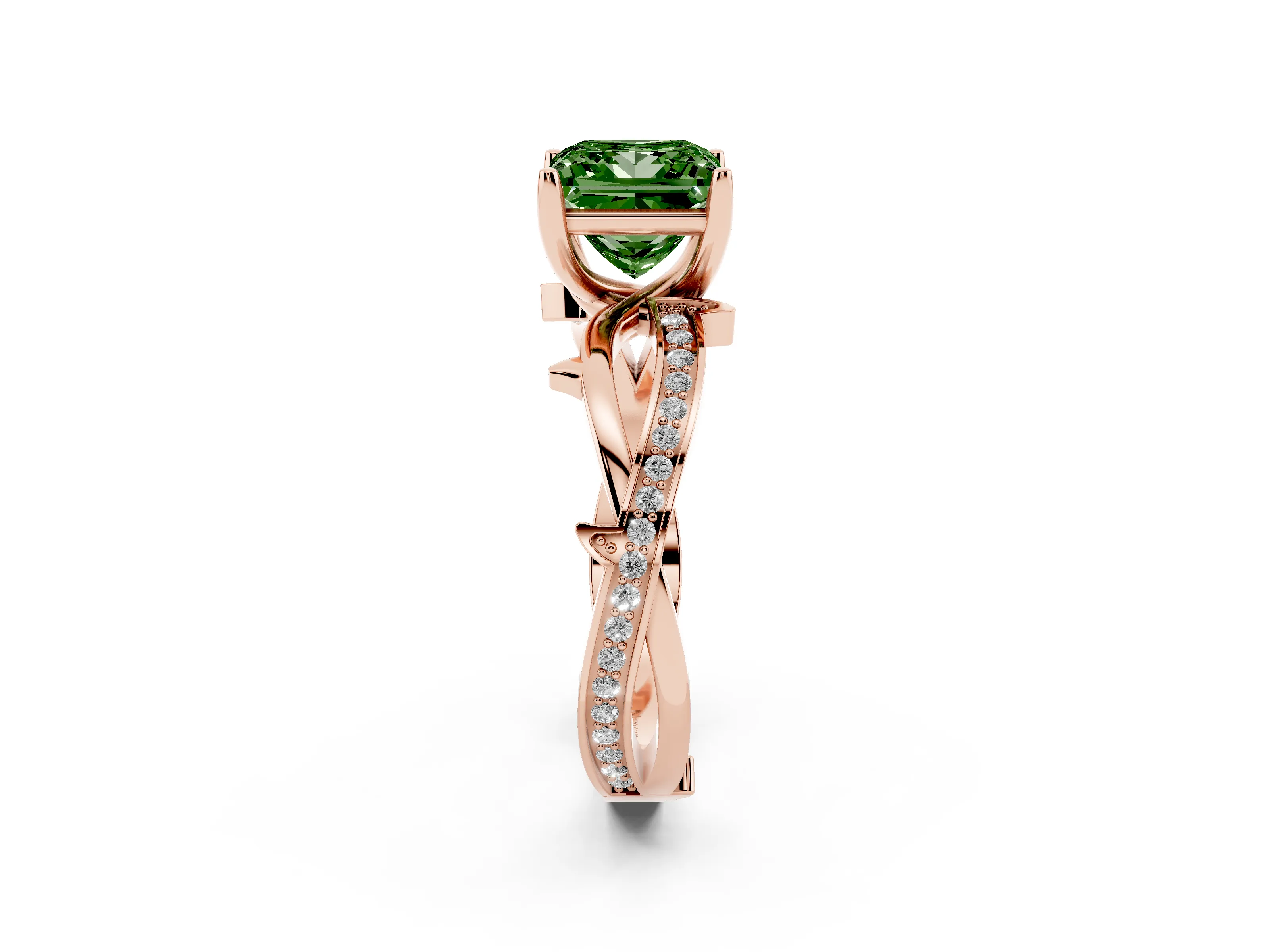 Fancy Green Princess Cut Diamond Pavé Twist Band Solitaire Ring Set in Rose gold with Prong Setting