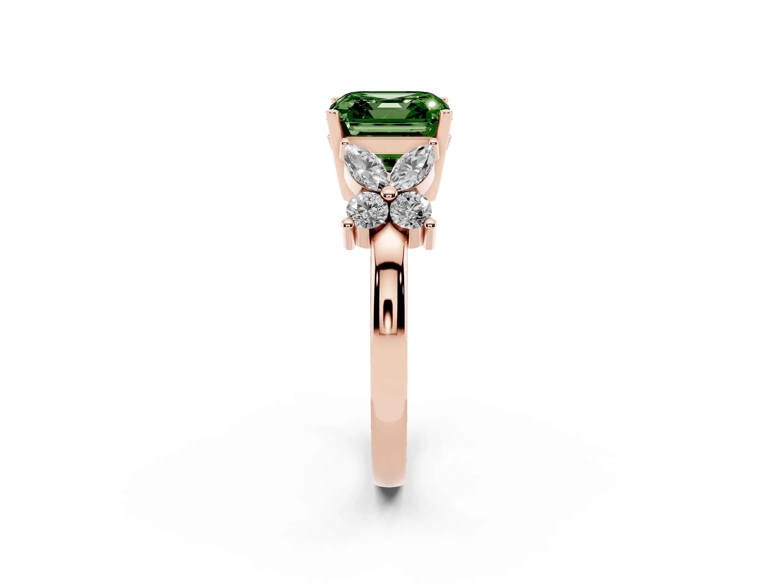 Fancy Green Princess Cut Diamond Floral Cluster Ring Set in Rose gold with Marquise Petals and Prong Setting