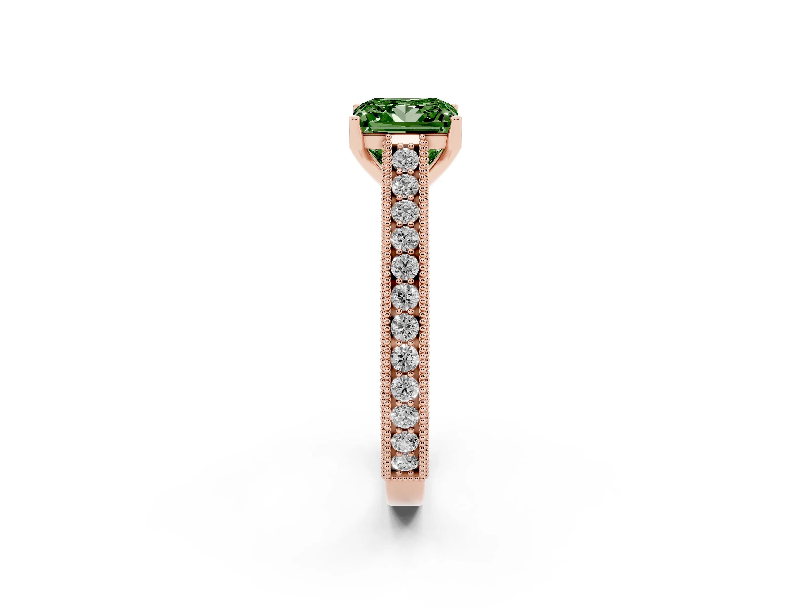 Fancy Green Princess Cut Diamond Milgrain Pavé Band Solitaire Ring Set in Rose gold with Prong Setting
