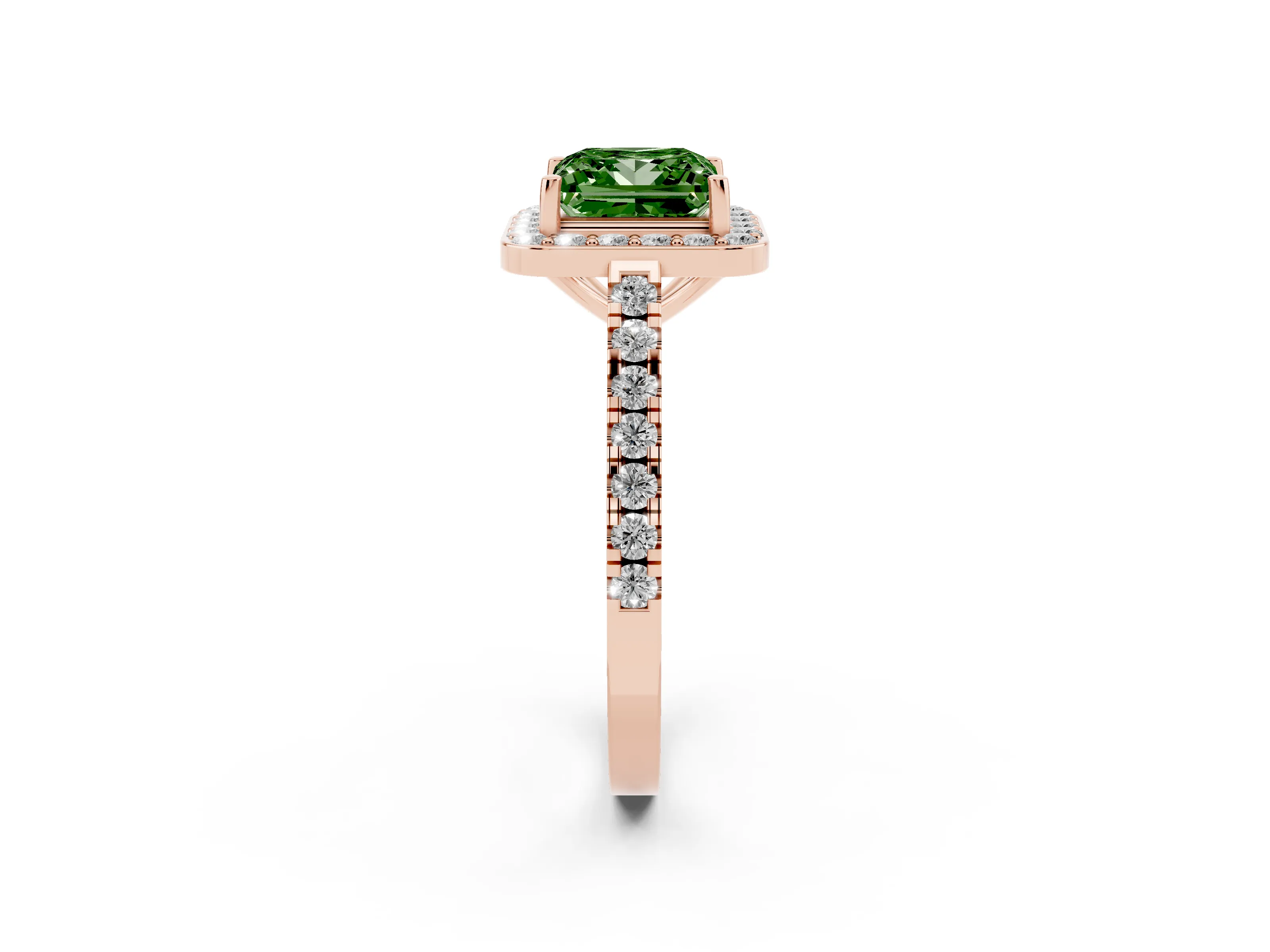 Fancy Green Princess Cut Diamond Halo Ring Set in Rose gold with Round Pavé Split Shank and Prong Setting