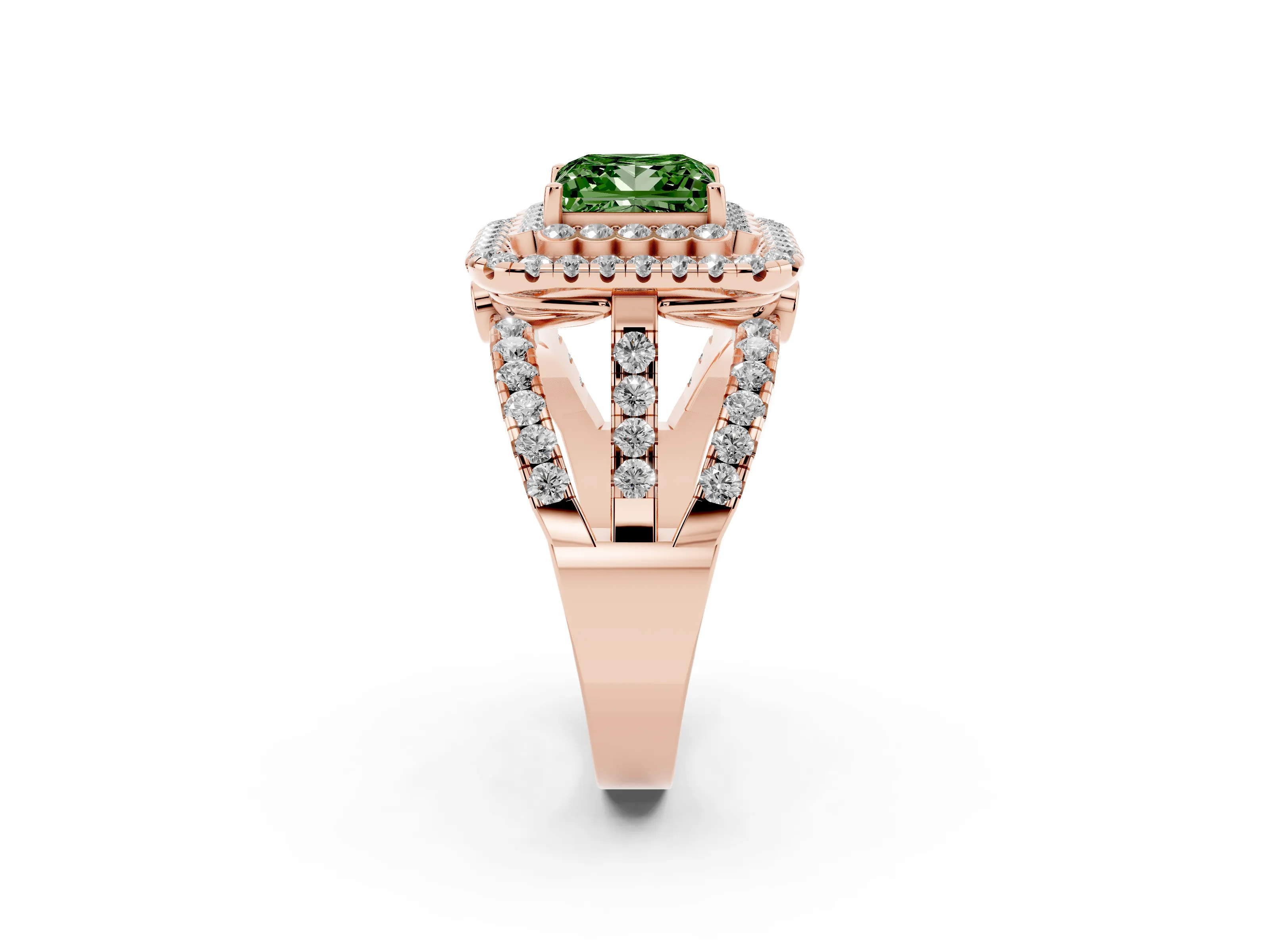 Fancy Green Princess Cut Diamond Double Halo Ring Set in Rose gold with Round Pavé Split Shank
