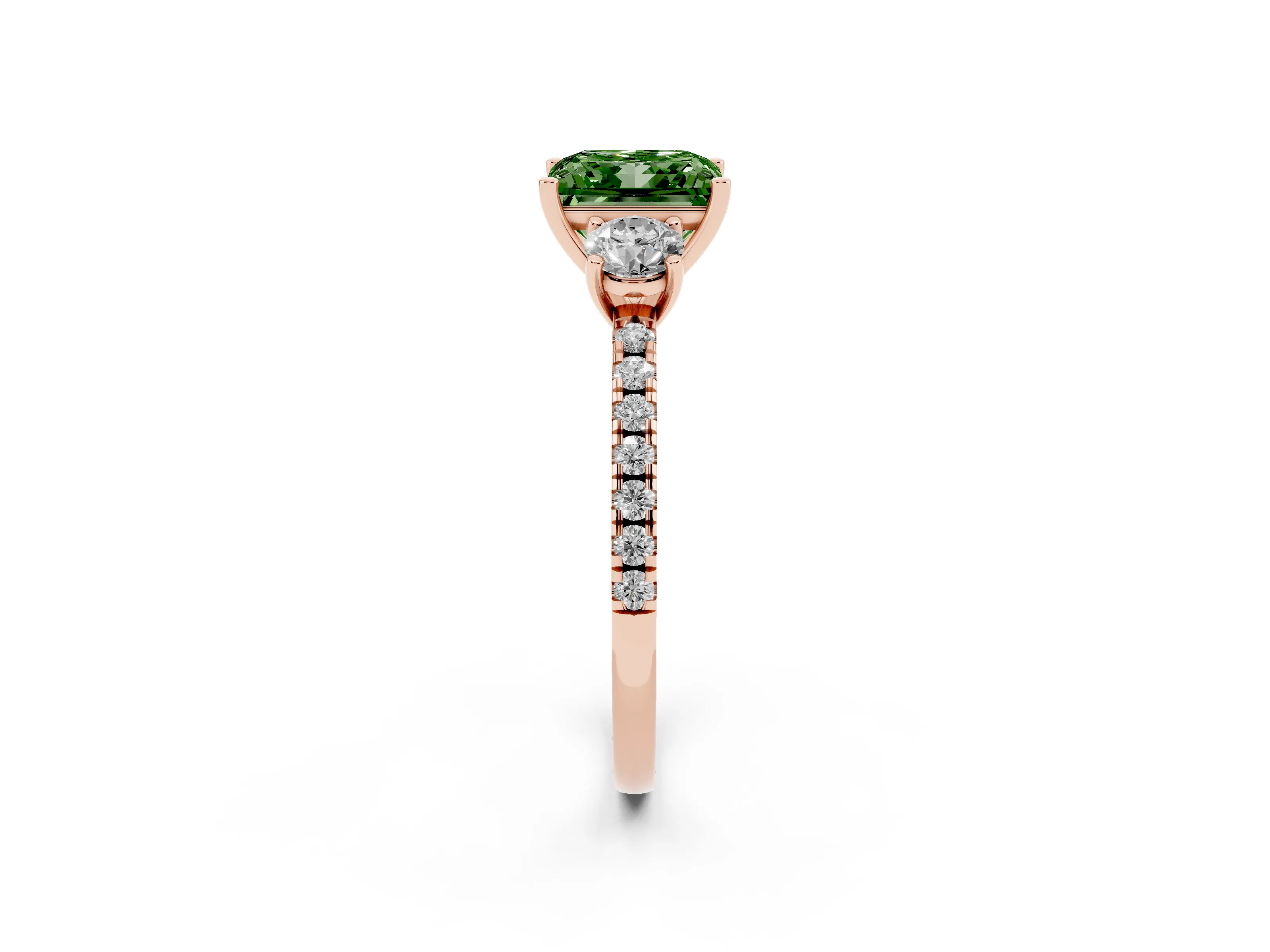 Fancy Green Princess Cut Diamond Three-Stone Ring Set in Rose gold with Pavé Band and Graduated Sides