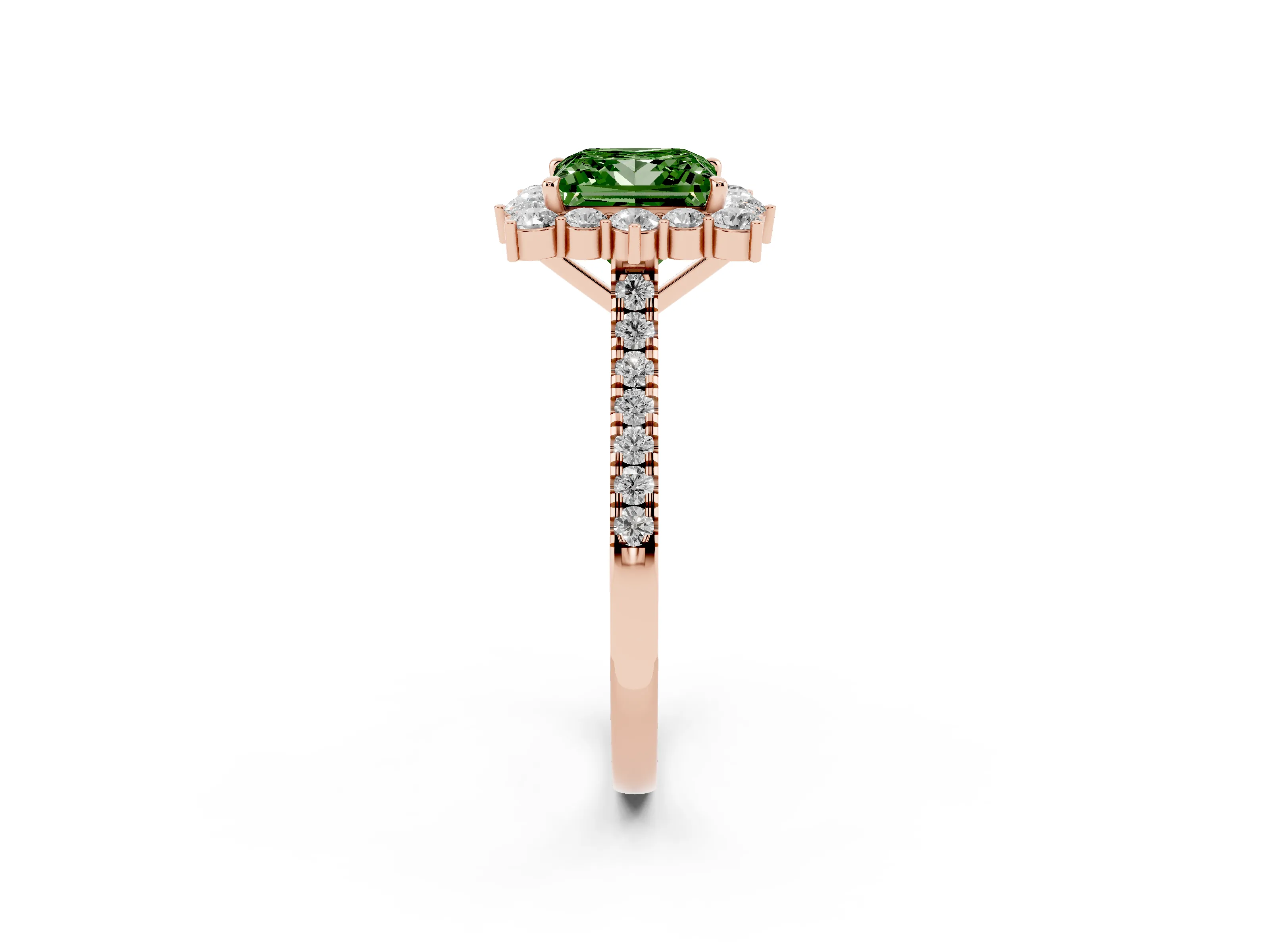 Fancy Green Princess Cut Diamond Halo Ring Set in Rose gold with Pavé Band and Prong Setting