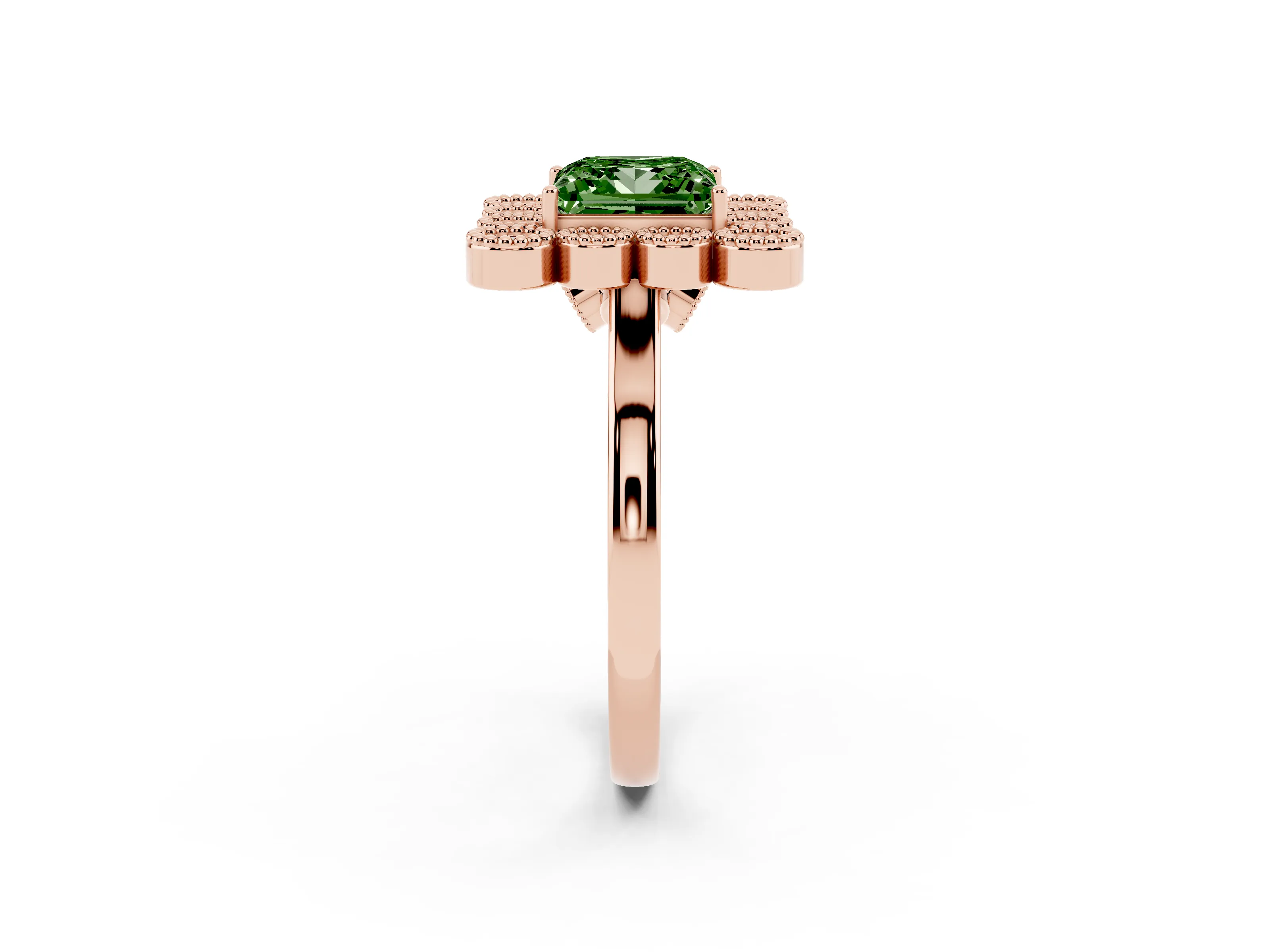 Fancy Green Princess Cut Diamond Cluster Halo Ring Set in Rose gold with Milgrain Bezel Accents and Plain Band