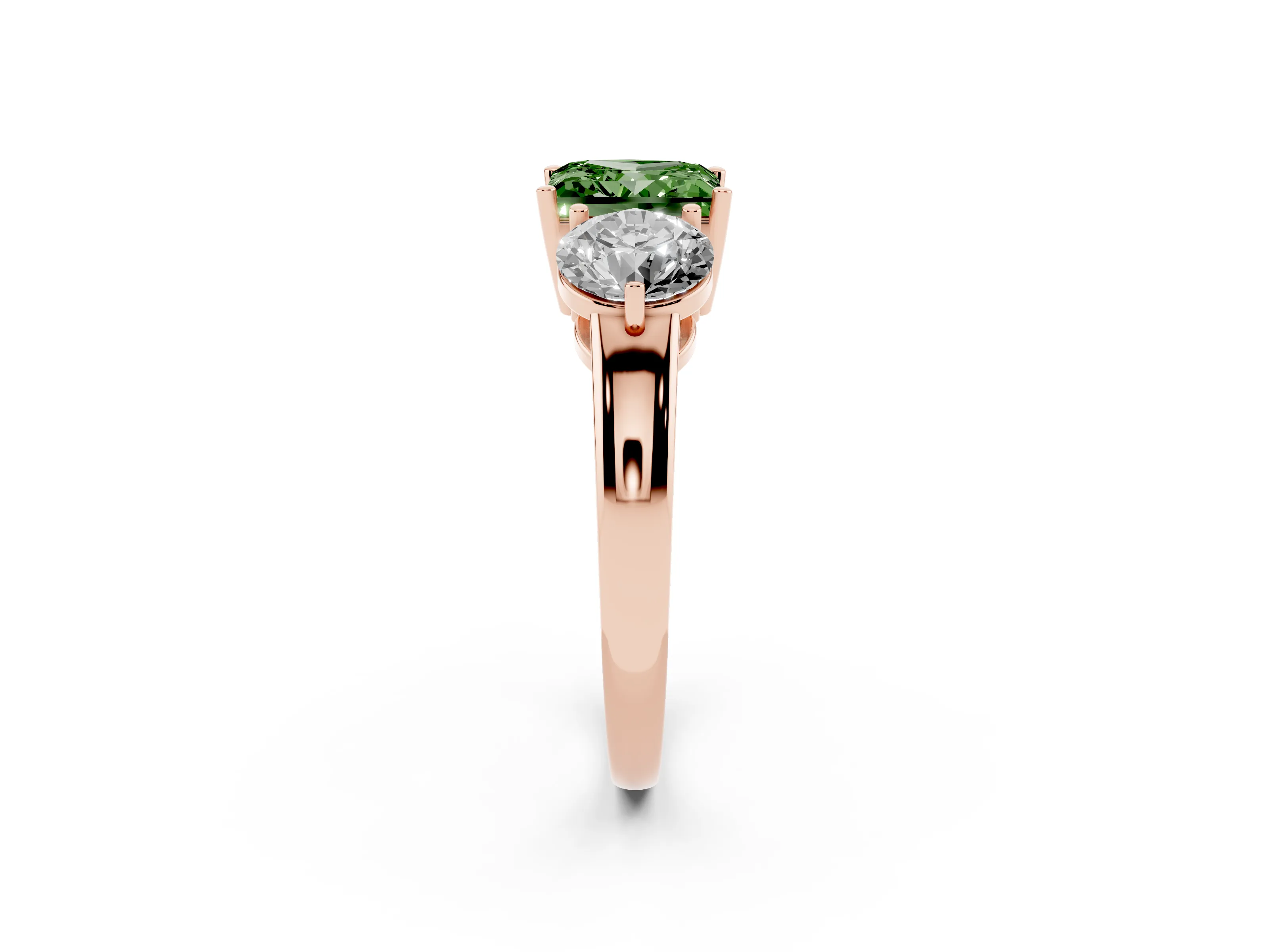 Fancy Green Princess Cut Diamond Three-Stone Ring Set in Rose gold with Prong Setting and Plain Band