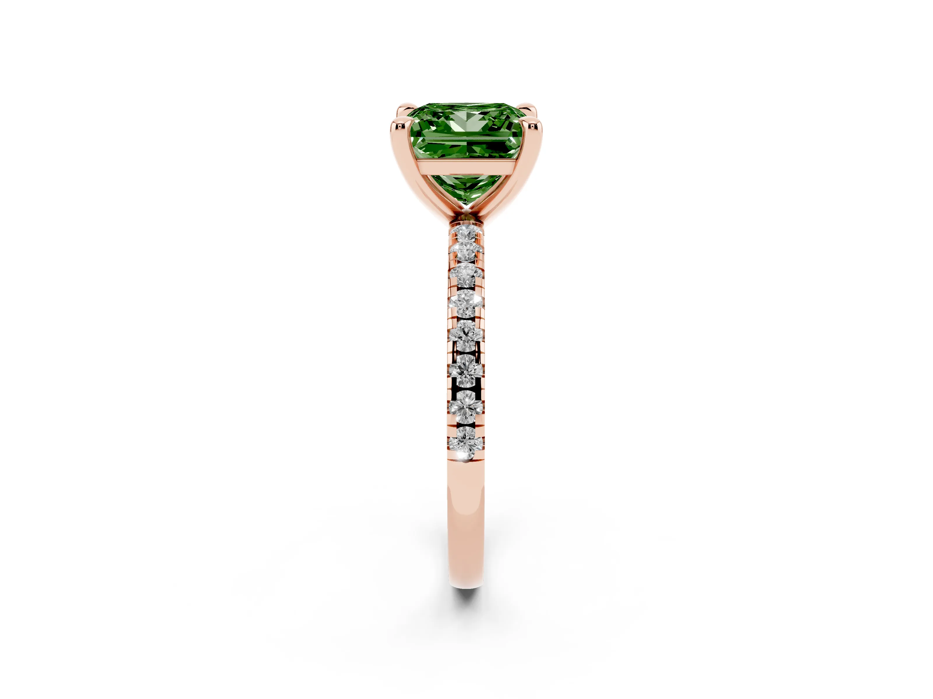 Fancy Green Princess Cut Diamond Brilliant Solitaire Ring Set in Rose gold with Pavé Band and Prong Setting