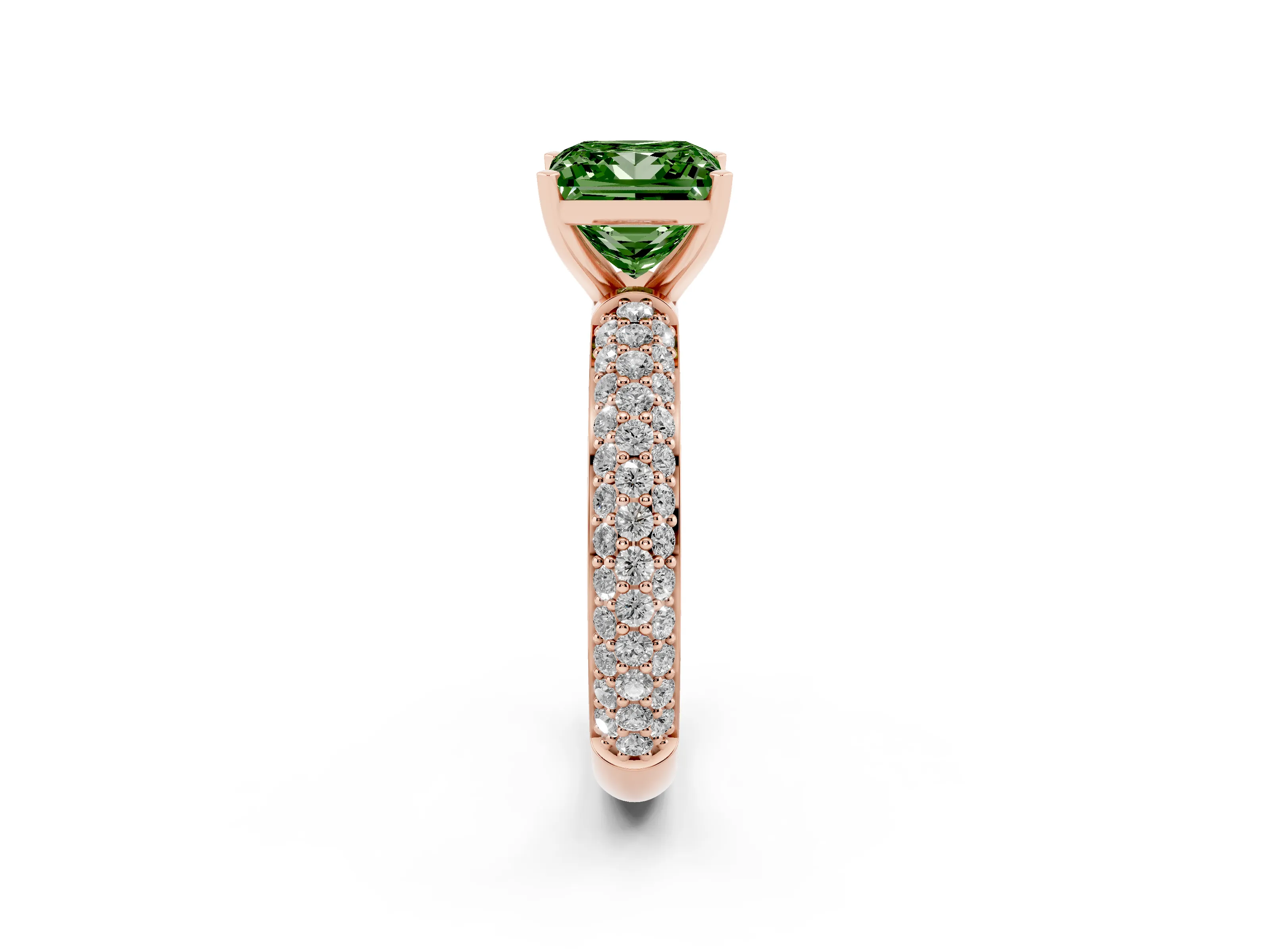 Fancy Green Princess Cut Diamond Solitaire Ring Set in Rose gold with Prong Setting and Pavé-Set Band