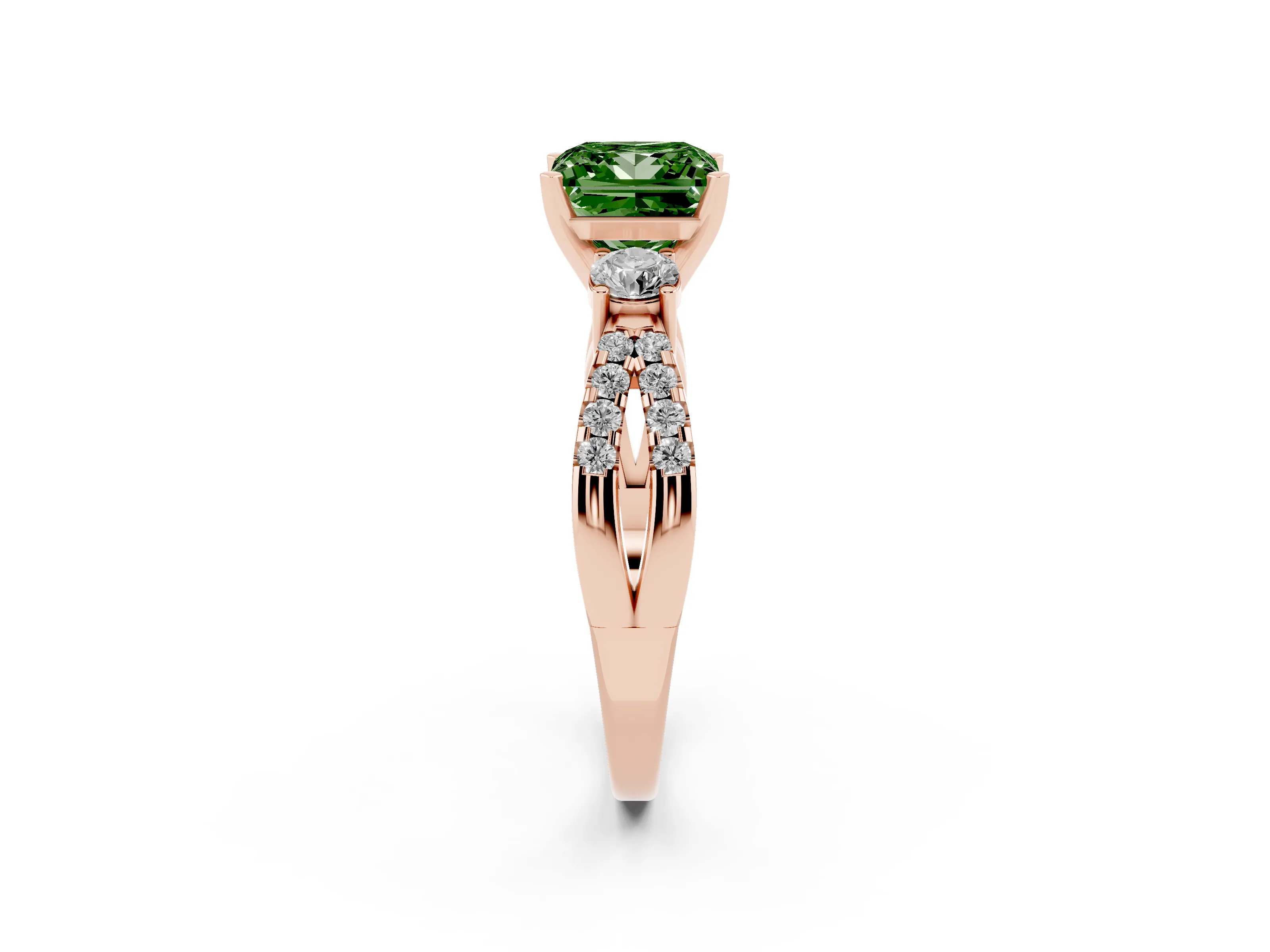Fancy Green Princess Cut Diamond Three-Stone Ring Set in Rose gold with Pavé Split Shank and Prong Setting