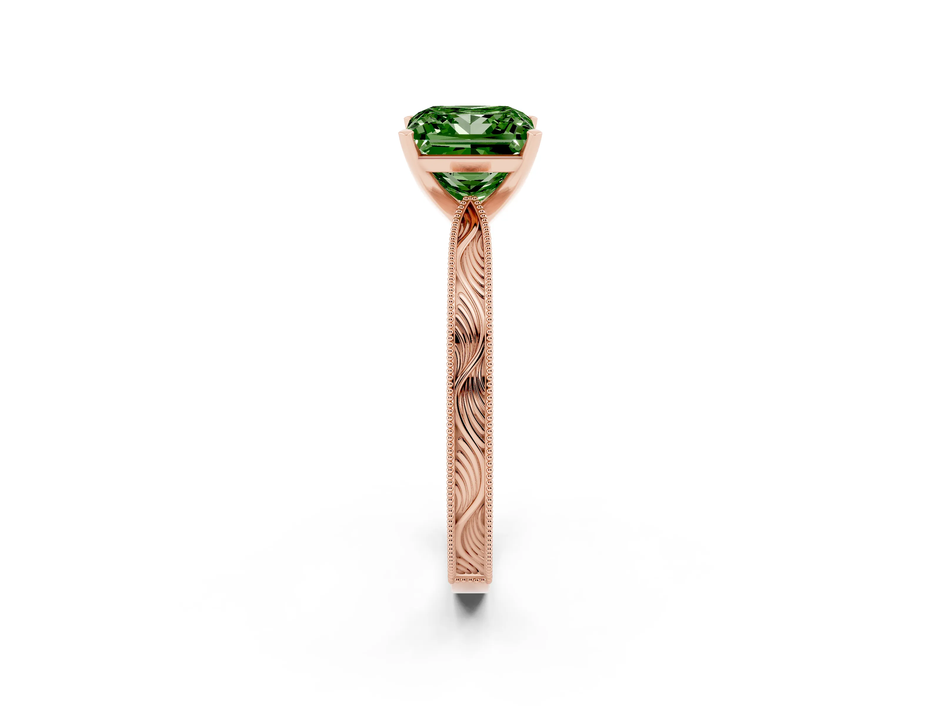 Fancy Green Princess Cut Diamond Solitaire Milgrain Engraved Band Set in Rose gold with Prong Setting
