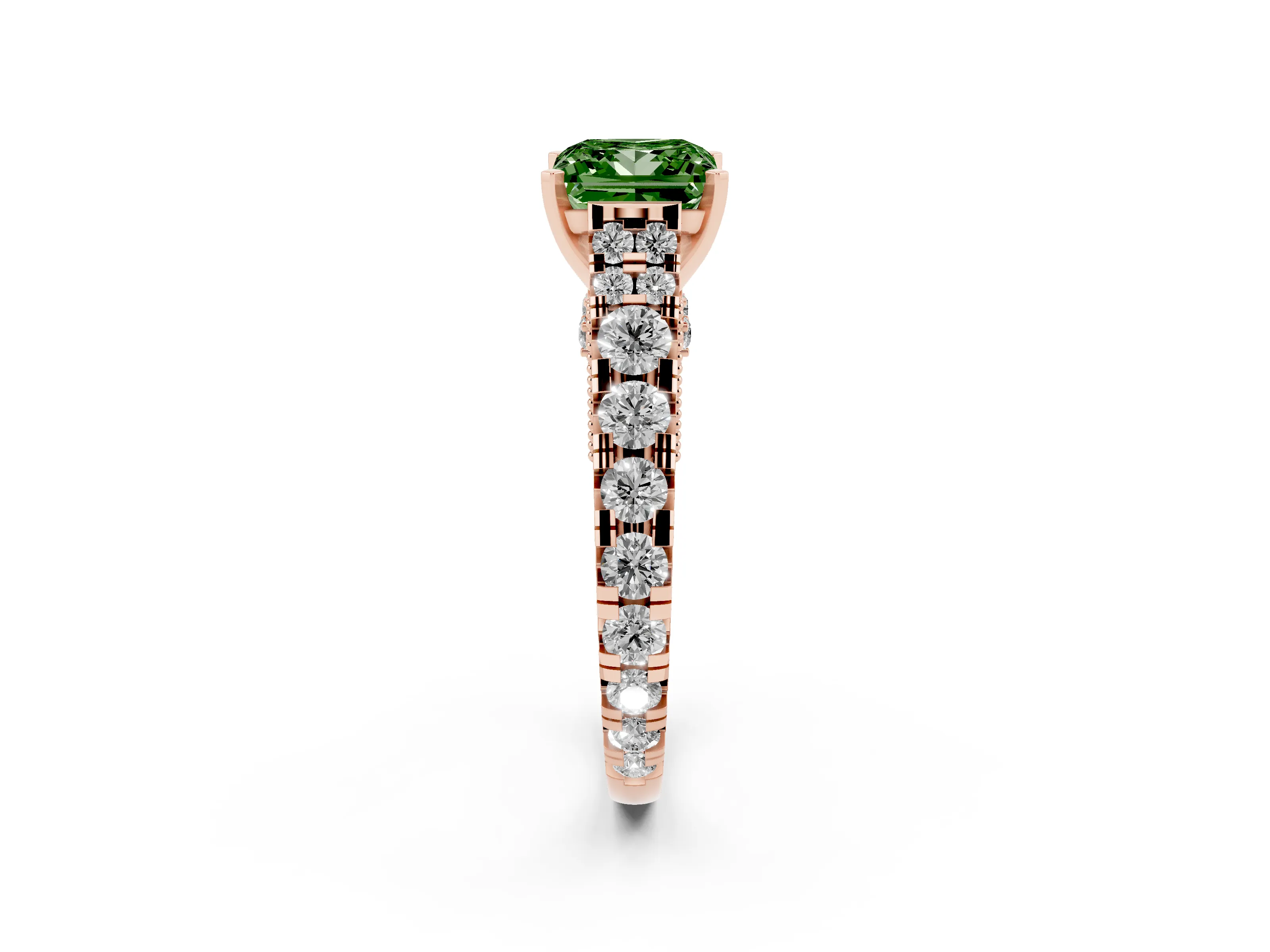 Fancy Green Princess Cut Diamond Classic Solitaire Ring Set in Rose gold with Pavé Band and Prong Setting