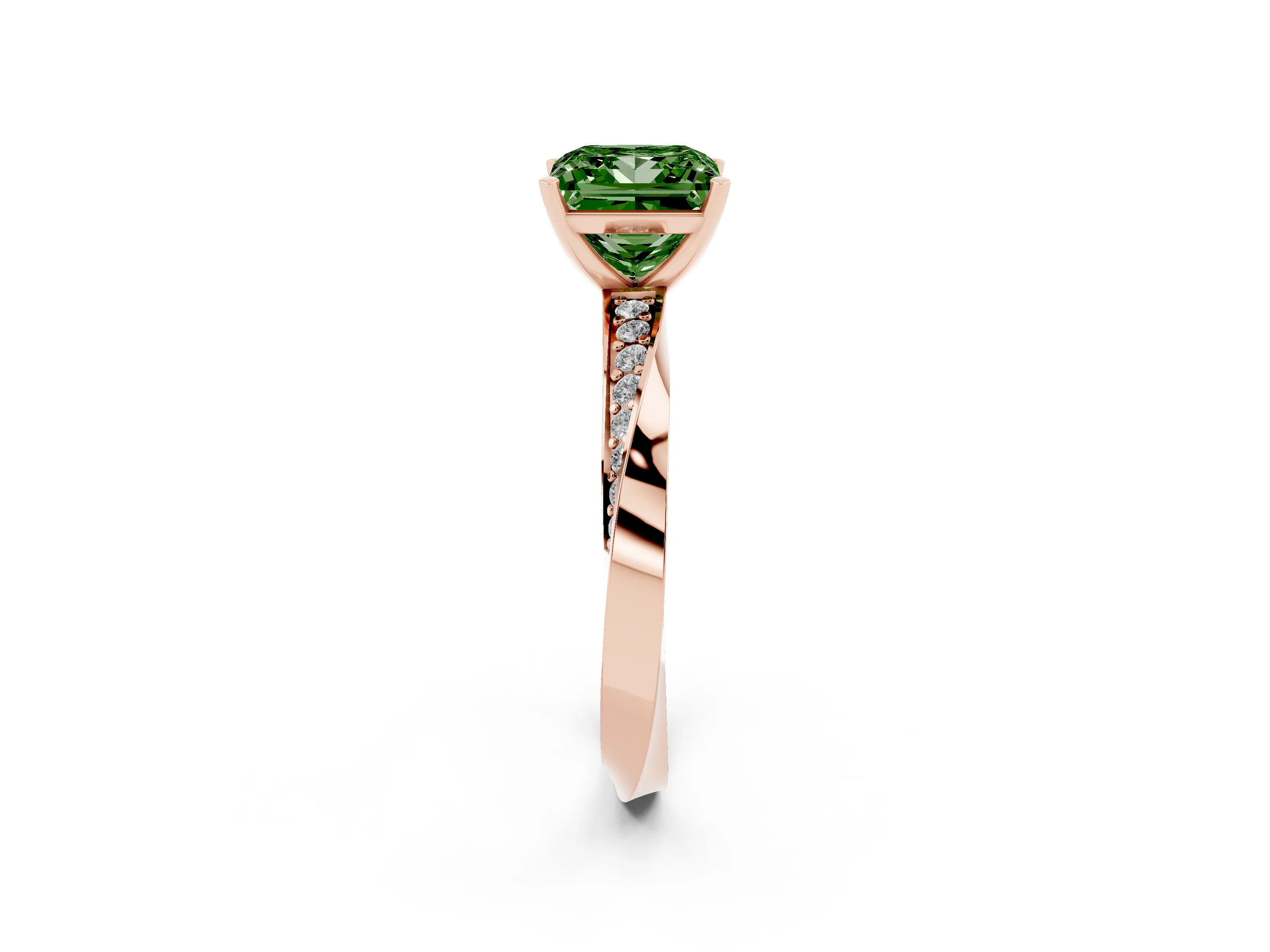 Fancy Green Princess Cut Diamond Engagement Ring Set in Rose gold with Side Stone Accents and Prong Setting
