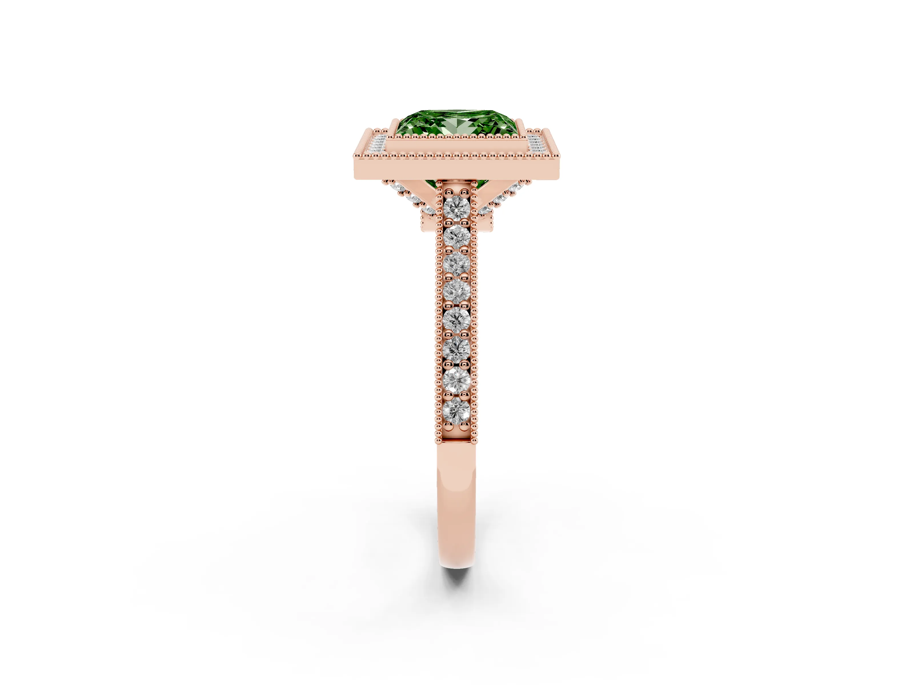 Fancy Green Princess Cut Diamond Halo Milgrain Pavé Band Ring Set in Rose gold with Prong Setting