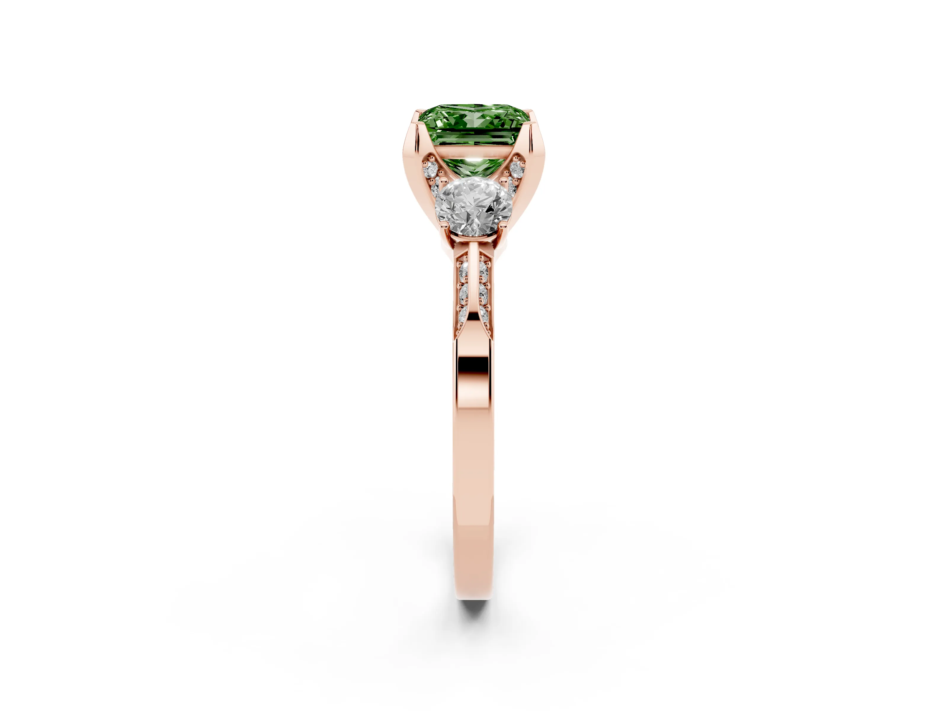 Fancy Green Princess Cut Diamond Three-Stone Ring Set in Rose gold with Pavé Band and Smaller Side Stones