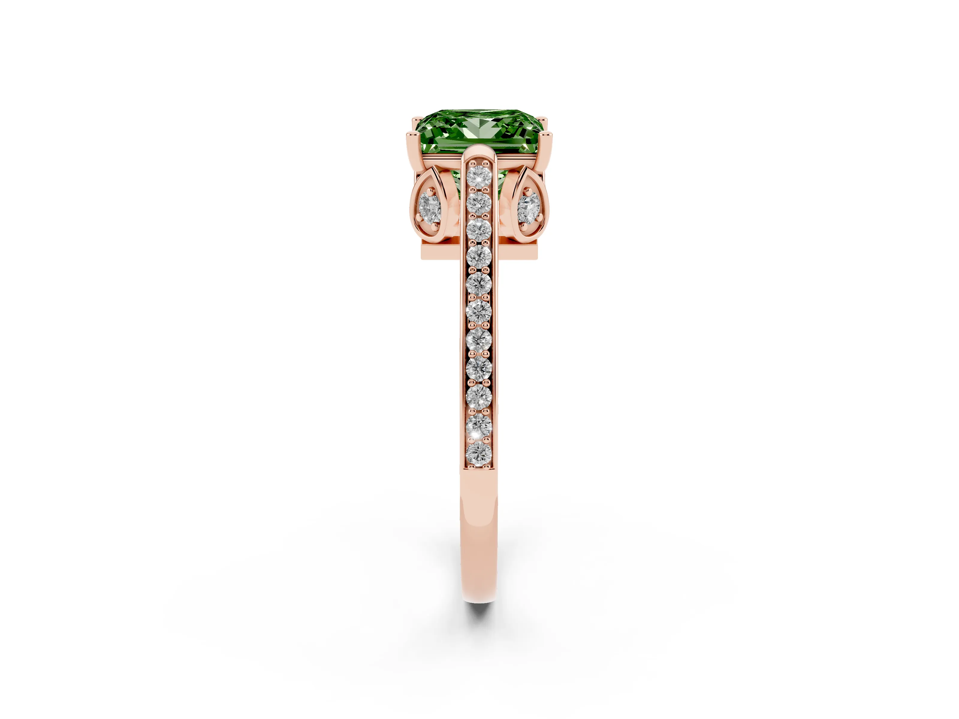 Fancy Green Princess Cut Diamond Cathedral Pavé Engagement Ring Set in Rose gold with Prong Setting