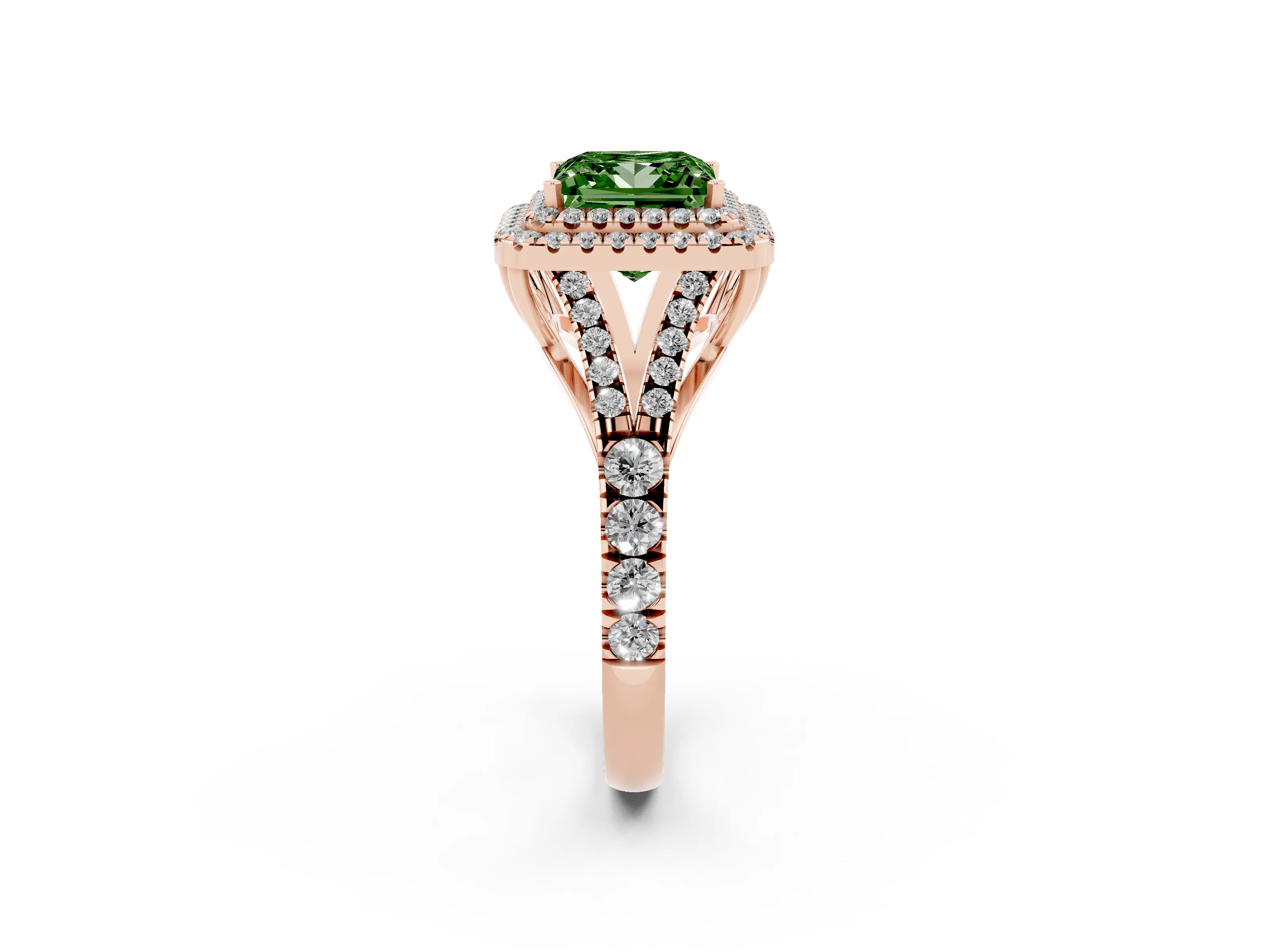 Fancy Green Princess Cut Diamond Pavé Split Shank Double Halo Engagement Ring Set in Rose gold