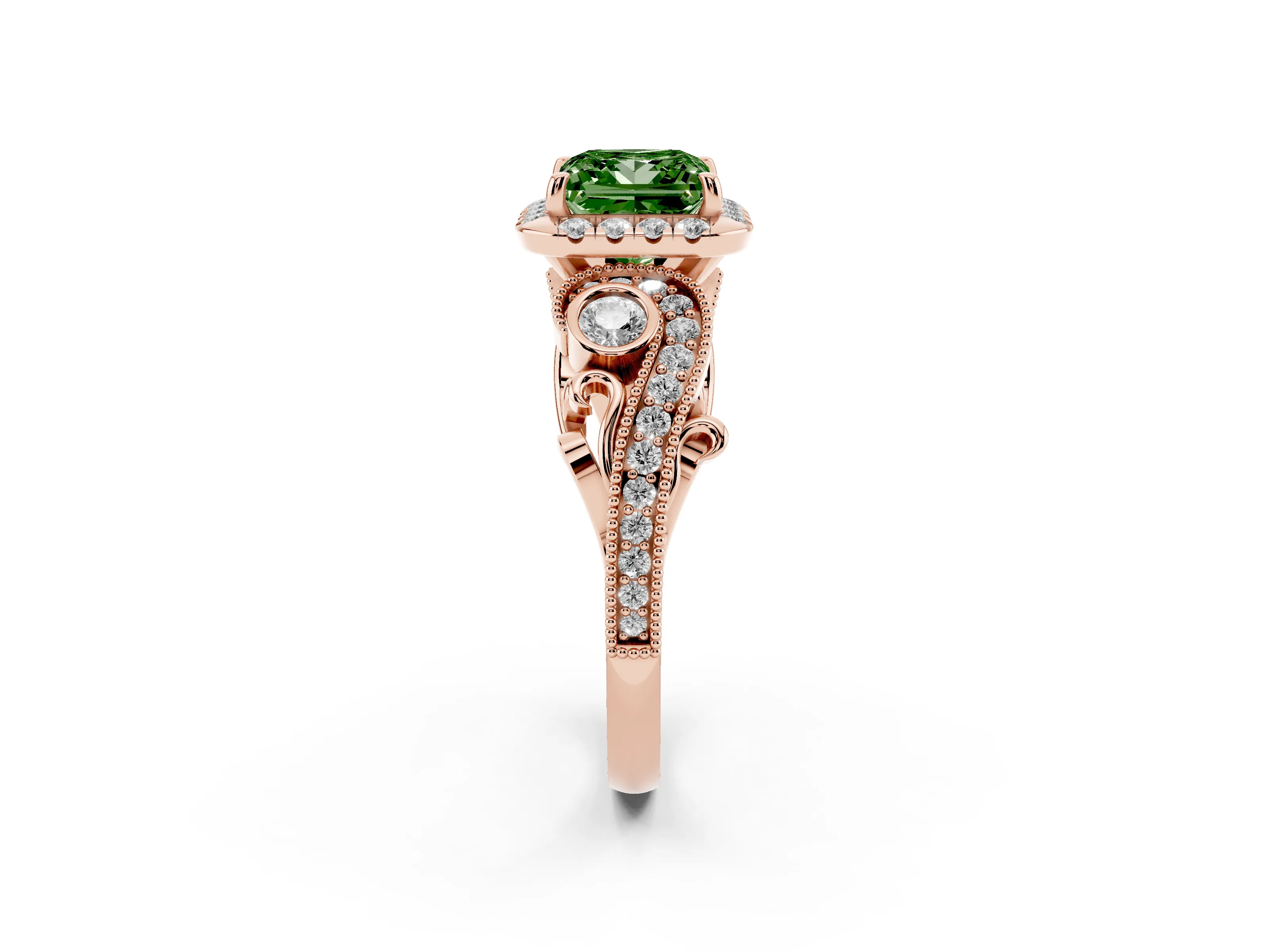 Fancy Green Princess Cut Diamond Halo Ring Set in Rose gold with Milgrain Pavé Band and Prong Setting