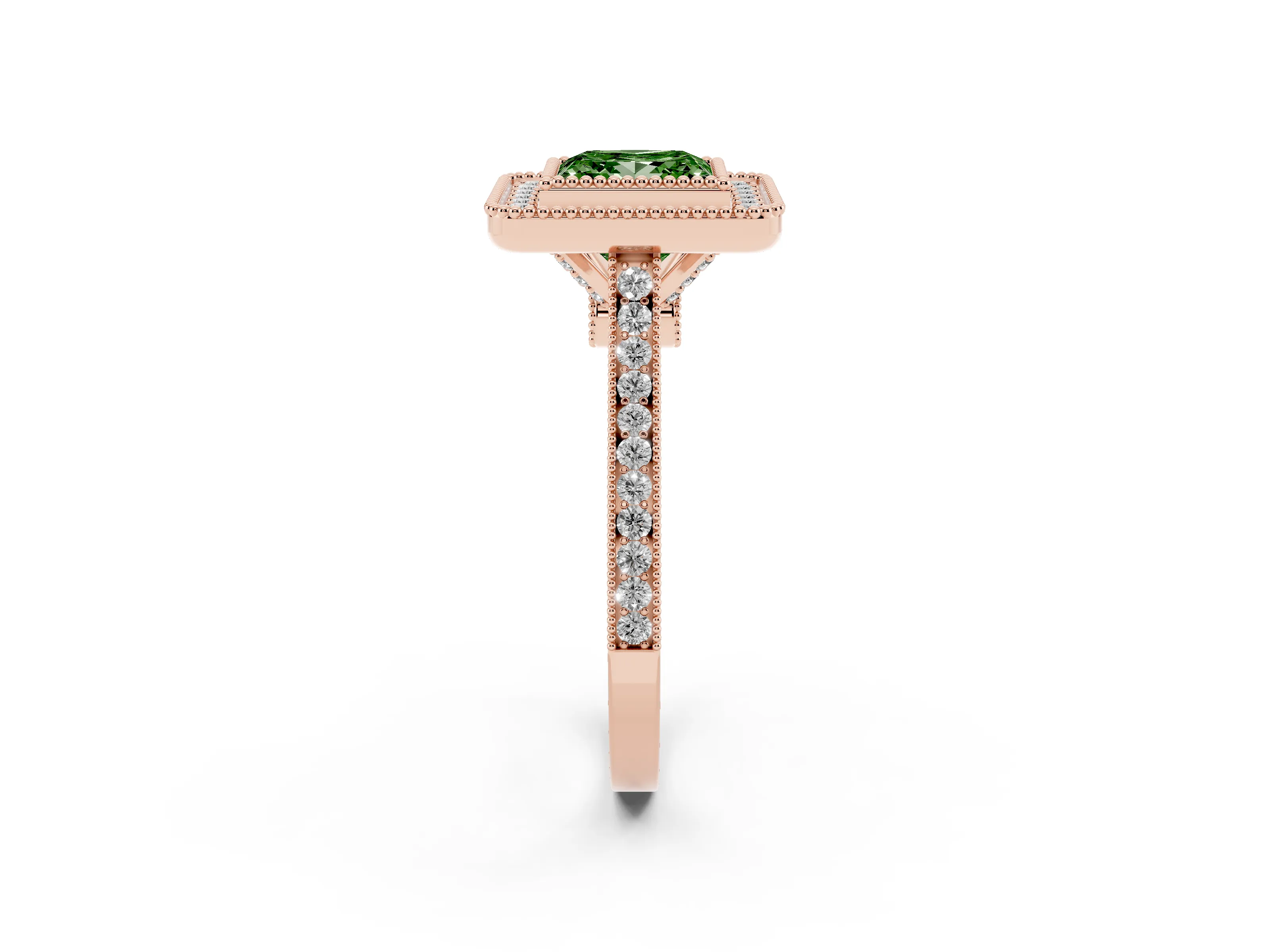 Fancy Green Princess Cut Diamond Halo Ring Set in Rose gold with Milgrain Frame and Pavé Band