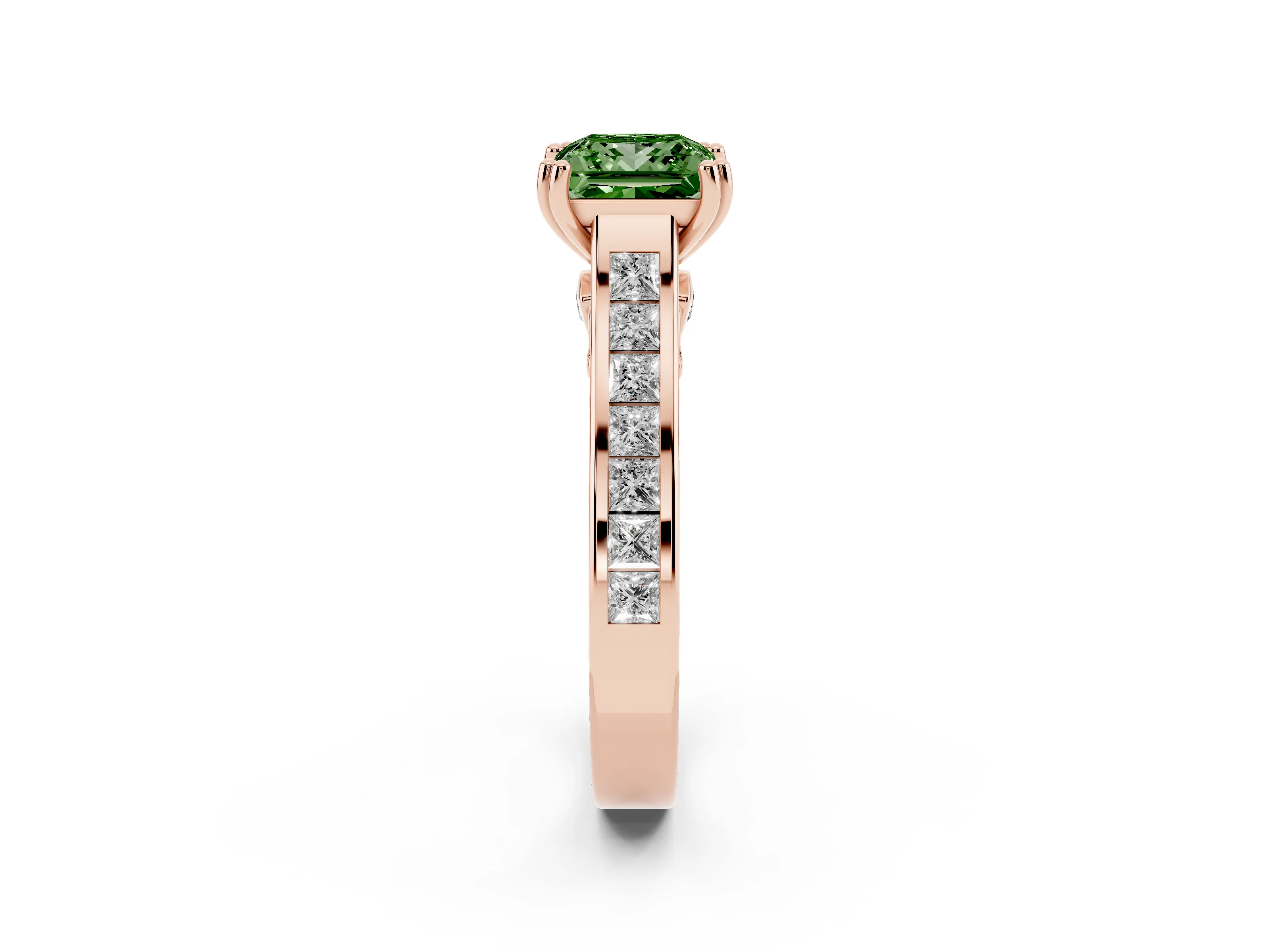 Fancy Green Princess Cut Diamond Channel Set Solitaire Engagement Ring Set in Rose gold with Prong Setting