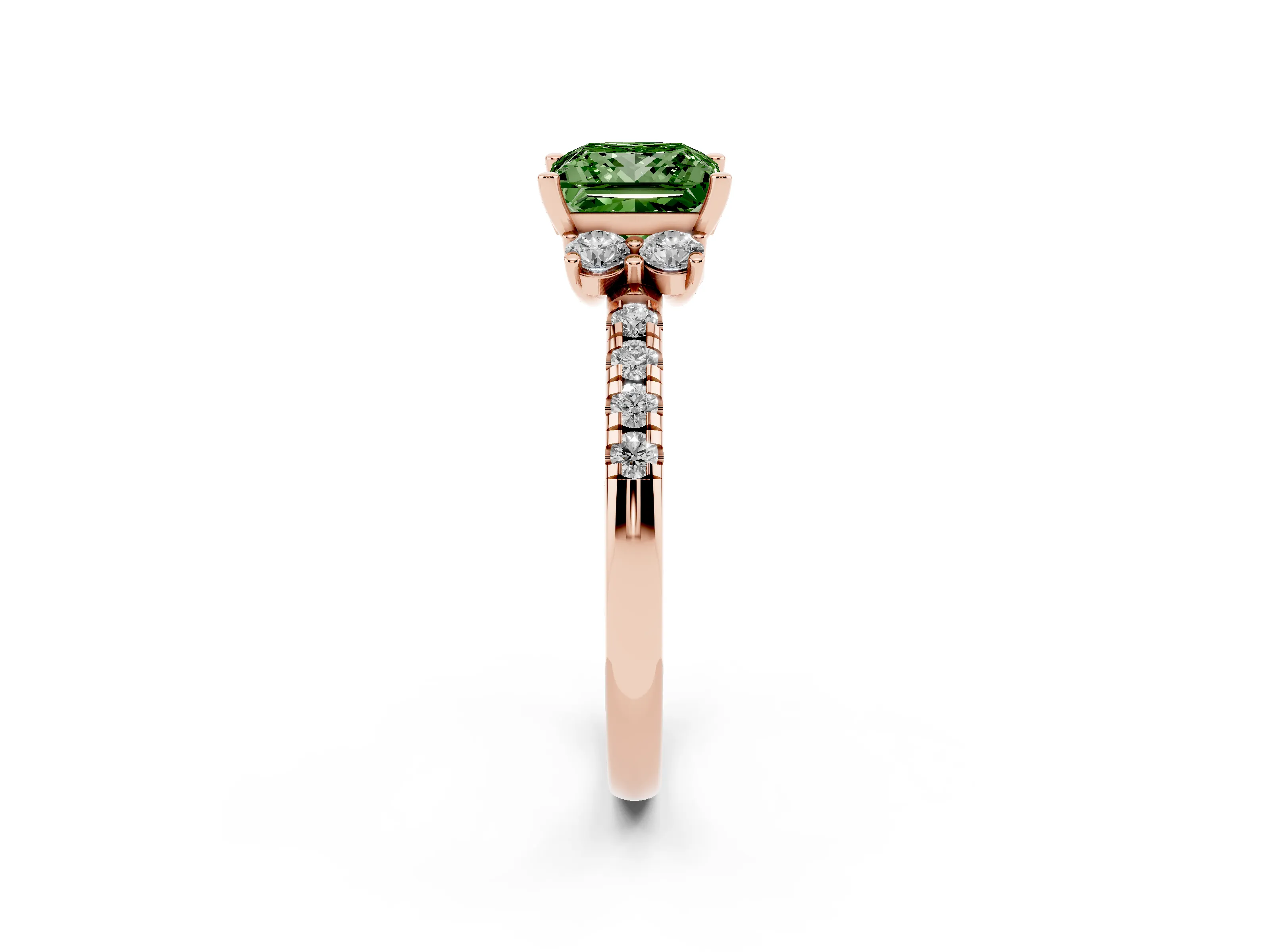 Fancy Green Princess Cut Diamond Three-Stone Pavé Ring Set in Rose gold with Prong Setting