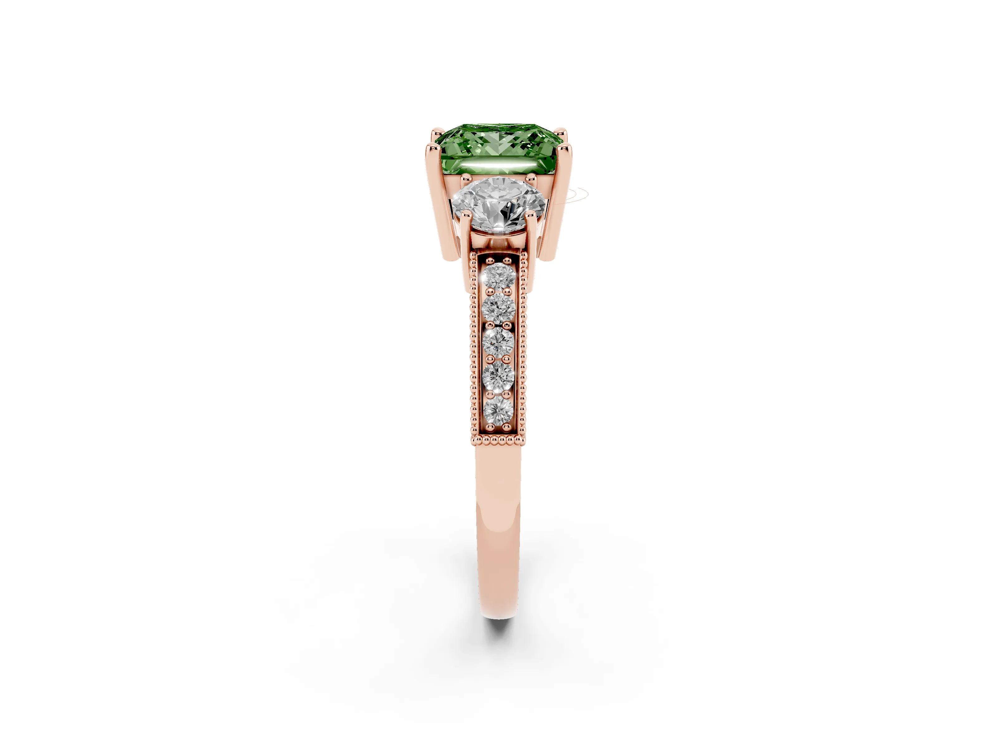 Fancy Green Princess Cut Diamond Three-Stone Ring Set in Rose gold with Round Side Stones and Pavé Band