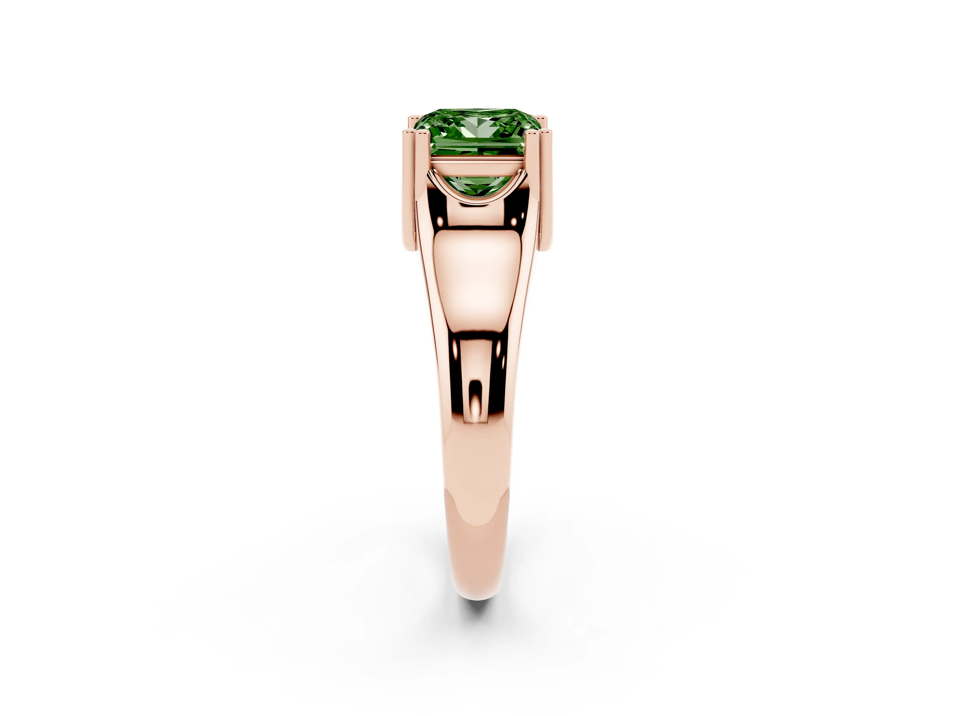 Fancy Green Princess Cut Diamond Solitaire Ring Set in Rose gold with Wide Band and Prong Setting