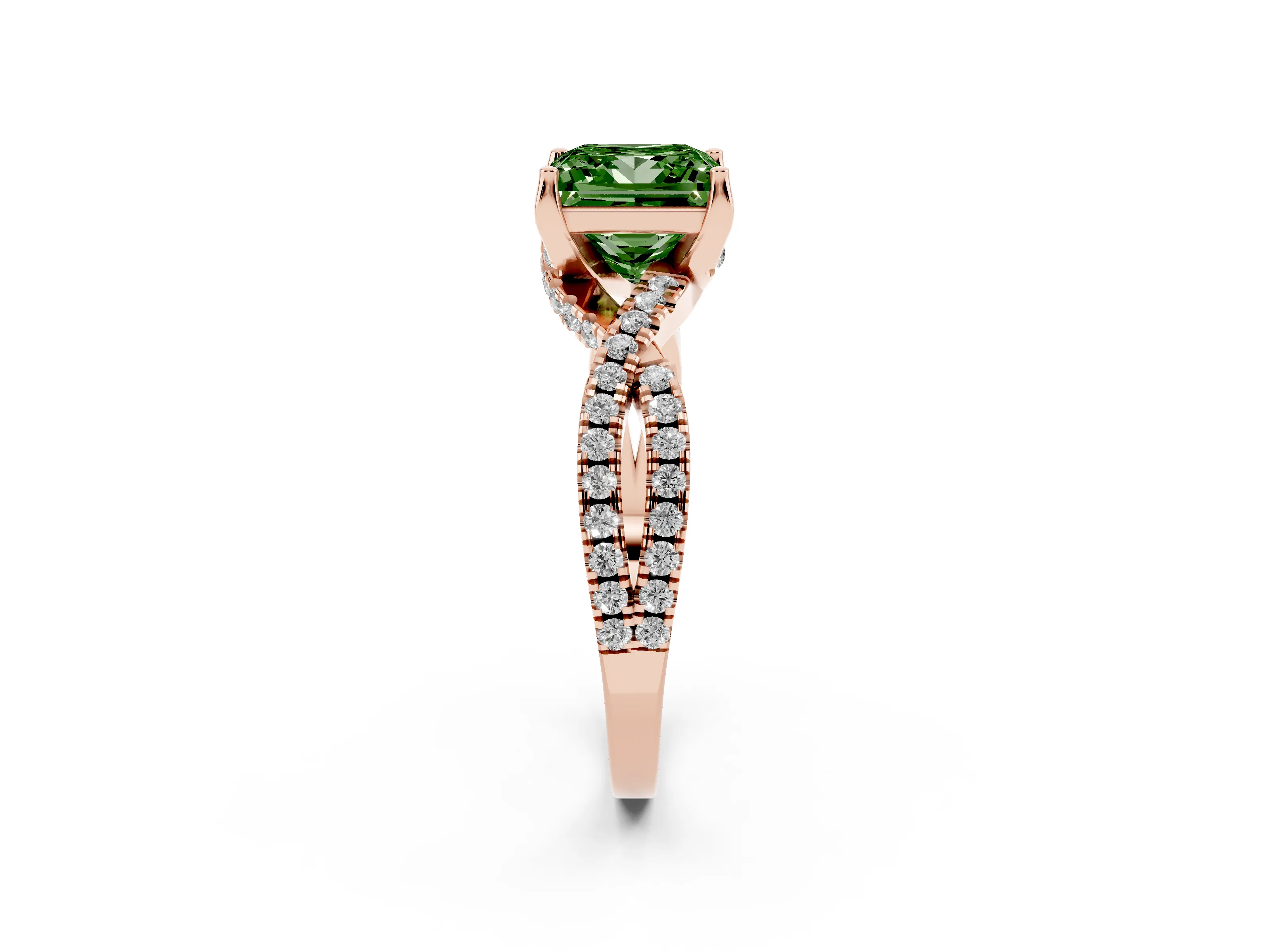 Fancy Green Princess Cut Diamond Twist Pavé Solitaire Engagement Ring Set in Rose gold with Prong Setting