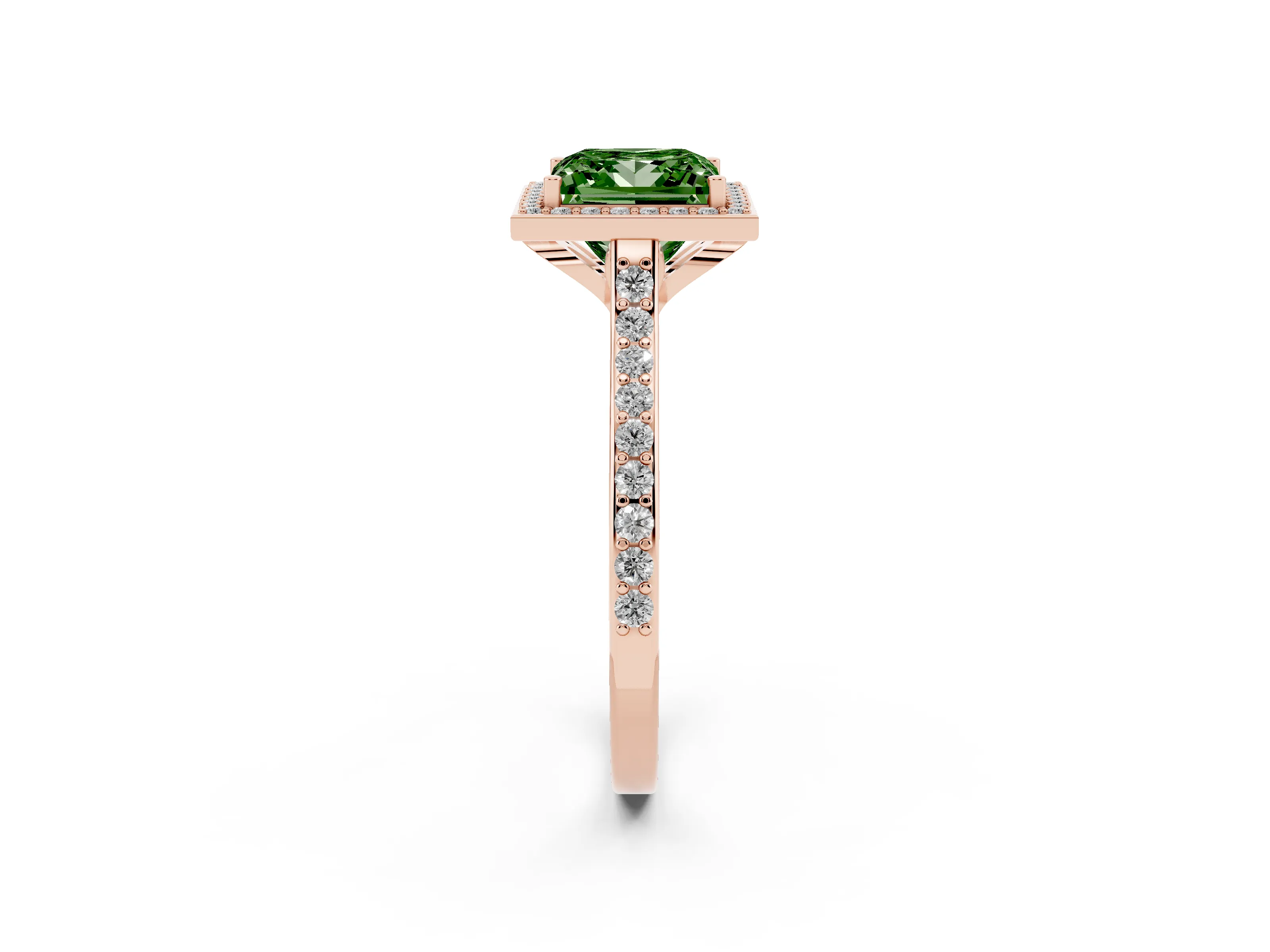 Fancy Green Princess Cut Diamond Halo Engagement Ring Set in Rose gold with Round Pavé Shoulders and Heart Gallery