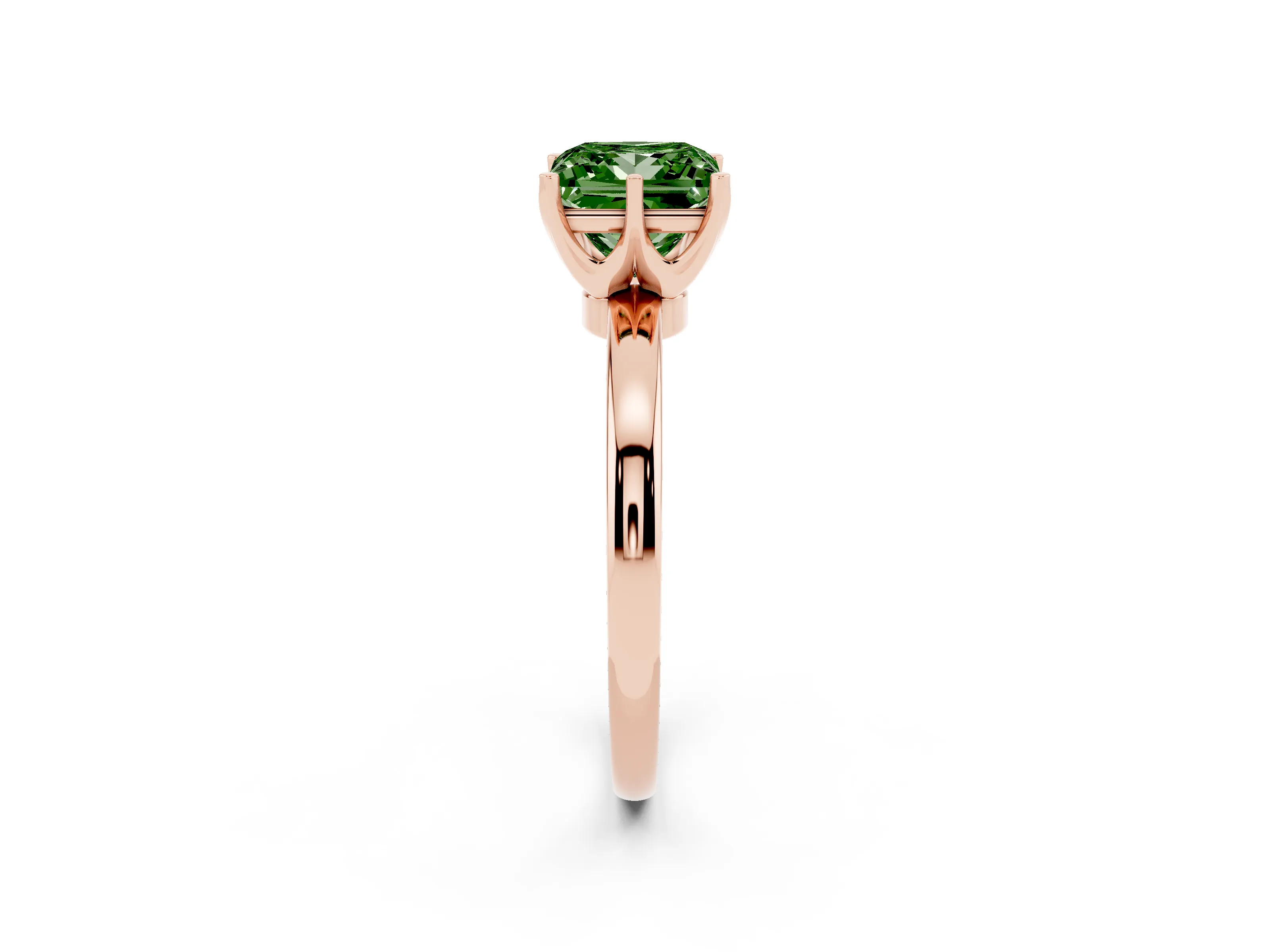 Fancy Green Princess Cut Diamond Solitaire Ring Set in Rose gold with Raised Prong Setting on a Classic Band