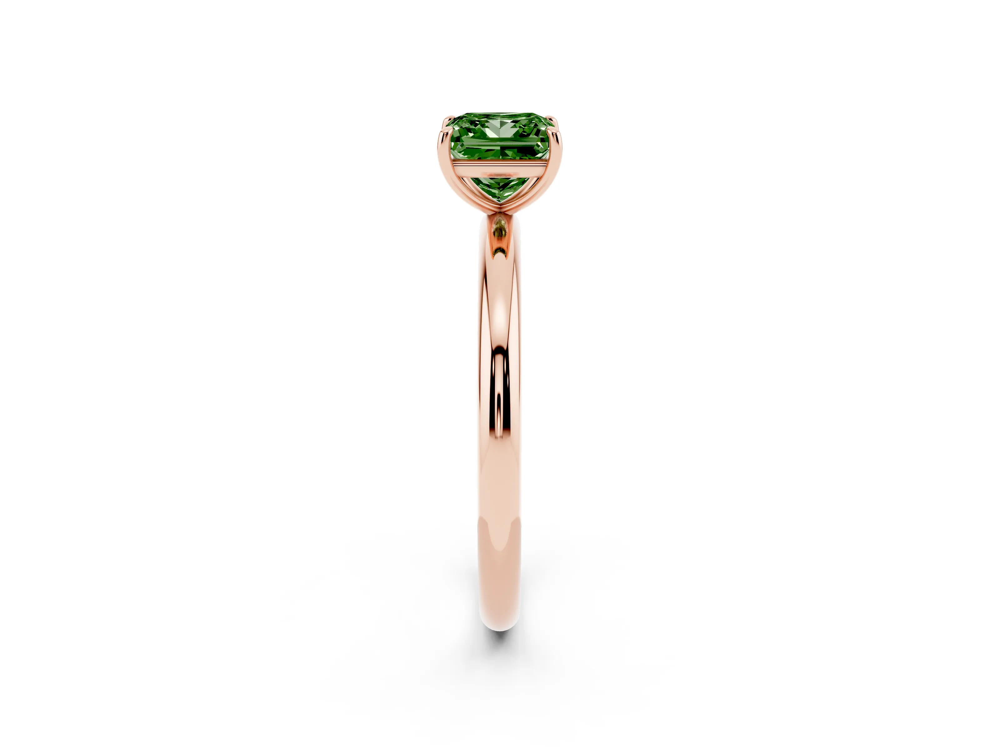 Fancy Green Princess Cut Diamond Solitaire Ring Set in Rose gold with Prong Setting on a Polished Plain Band