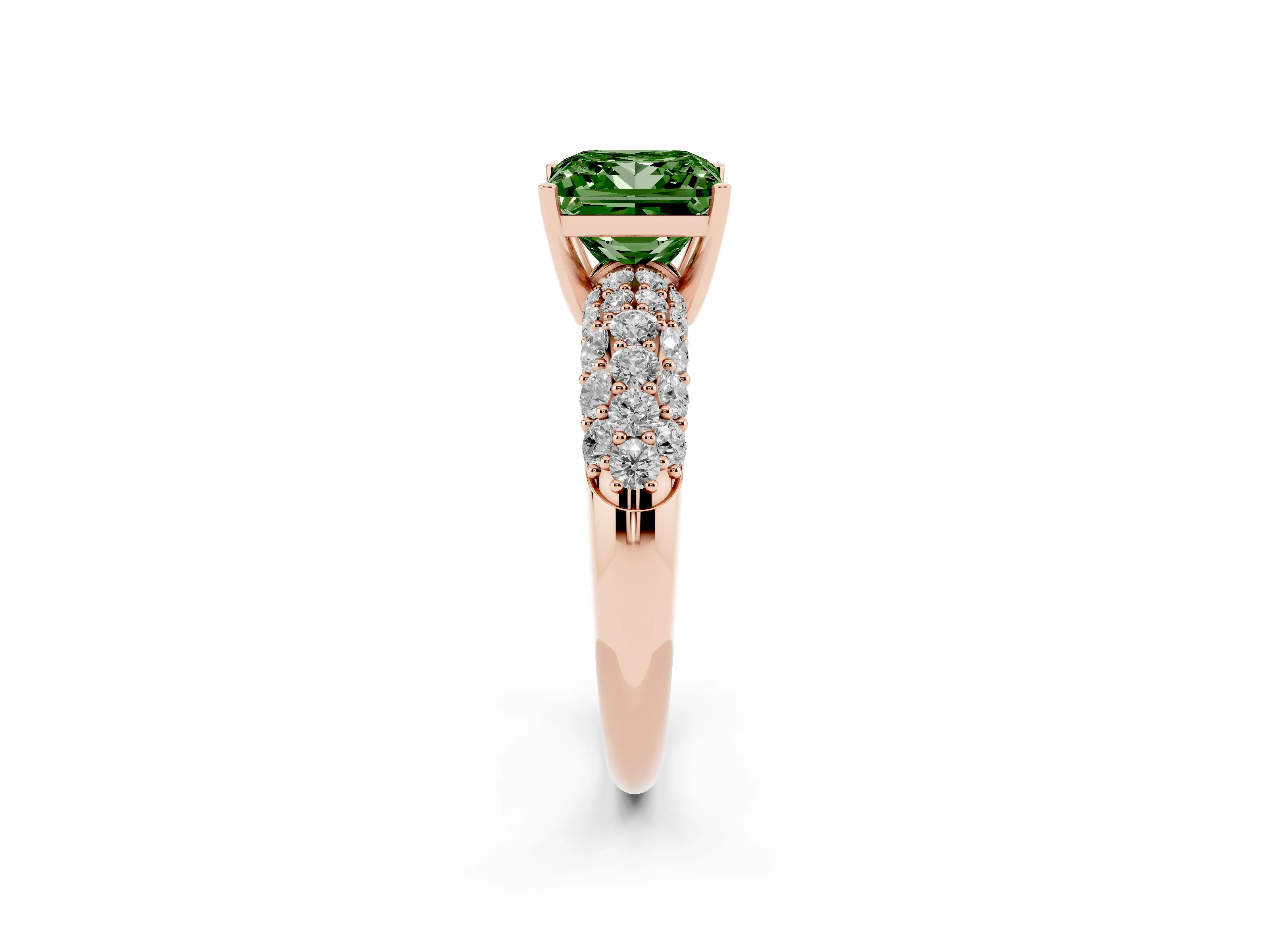 Fancy Green Princess Cut Diamond Pavé Band Solitaire Ring Set in Rose gold with Close-Set Accent Stones and Prong Setting