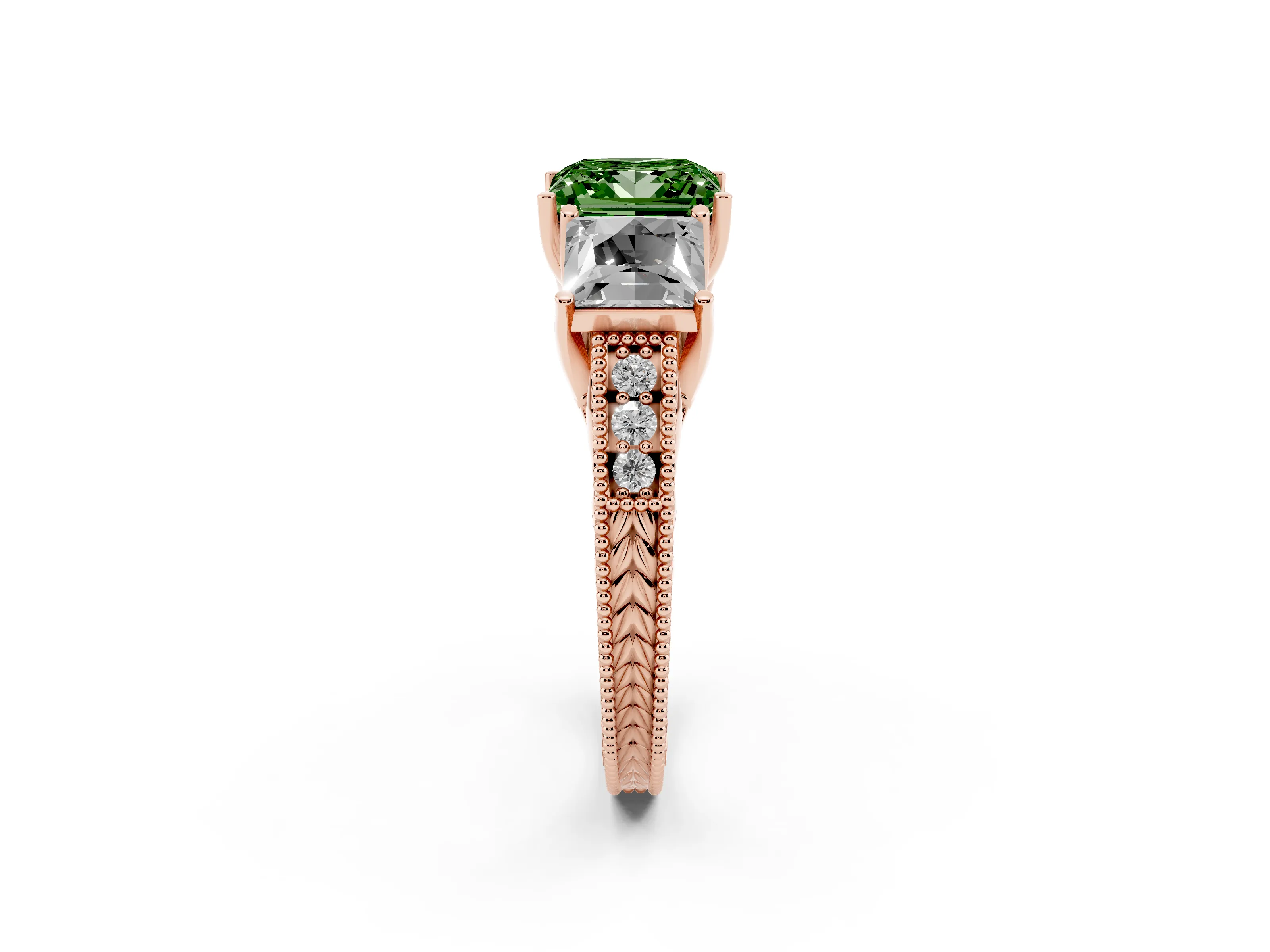 Fancy Green Princess Cut Diamond Three-Stone Engagement Ring Set in Rose gold with Milgrain Pavé Band