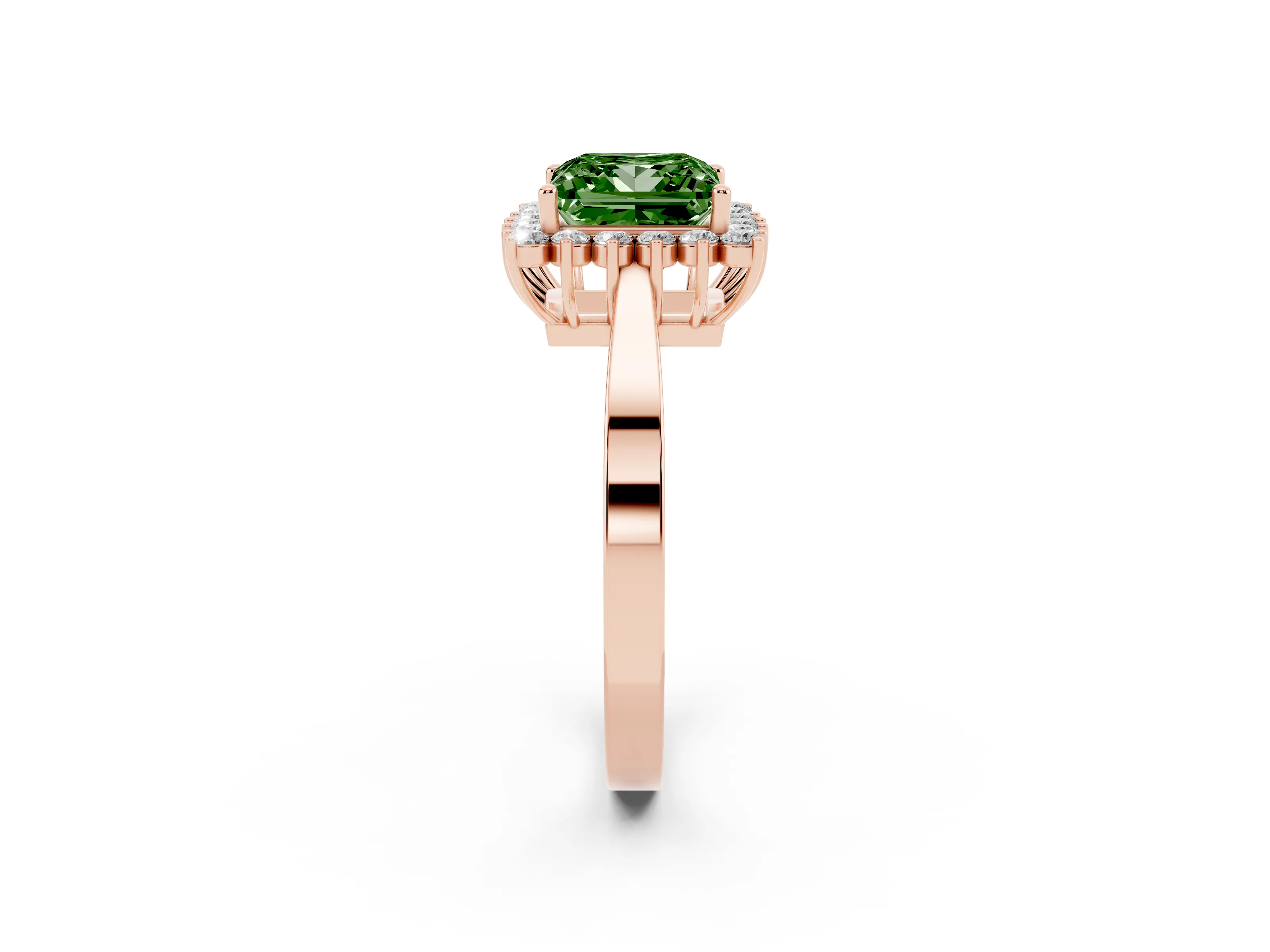 Fancy Green Princess Cut Diamond Halo Ring Set in Rose gold with Round Halo and Smooth Solitaire Band
