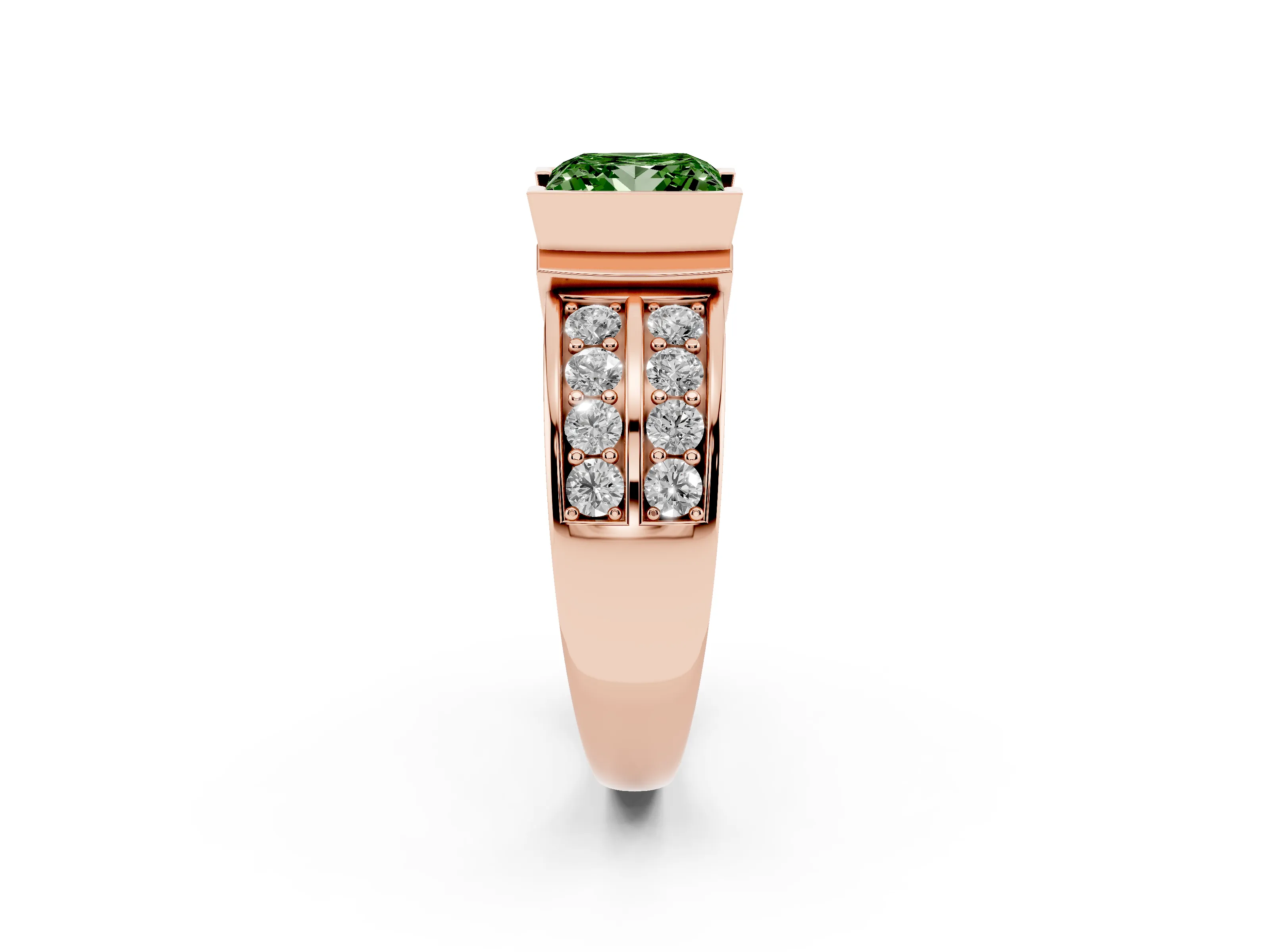 Fancy Green Princess Cut Diamond Wide Channel Set Band Ring Set in Rose gold with Bezel Setting