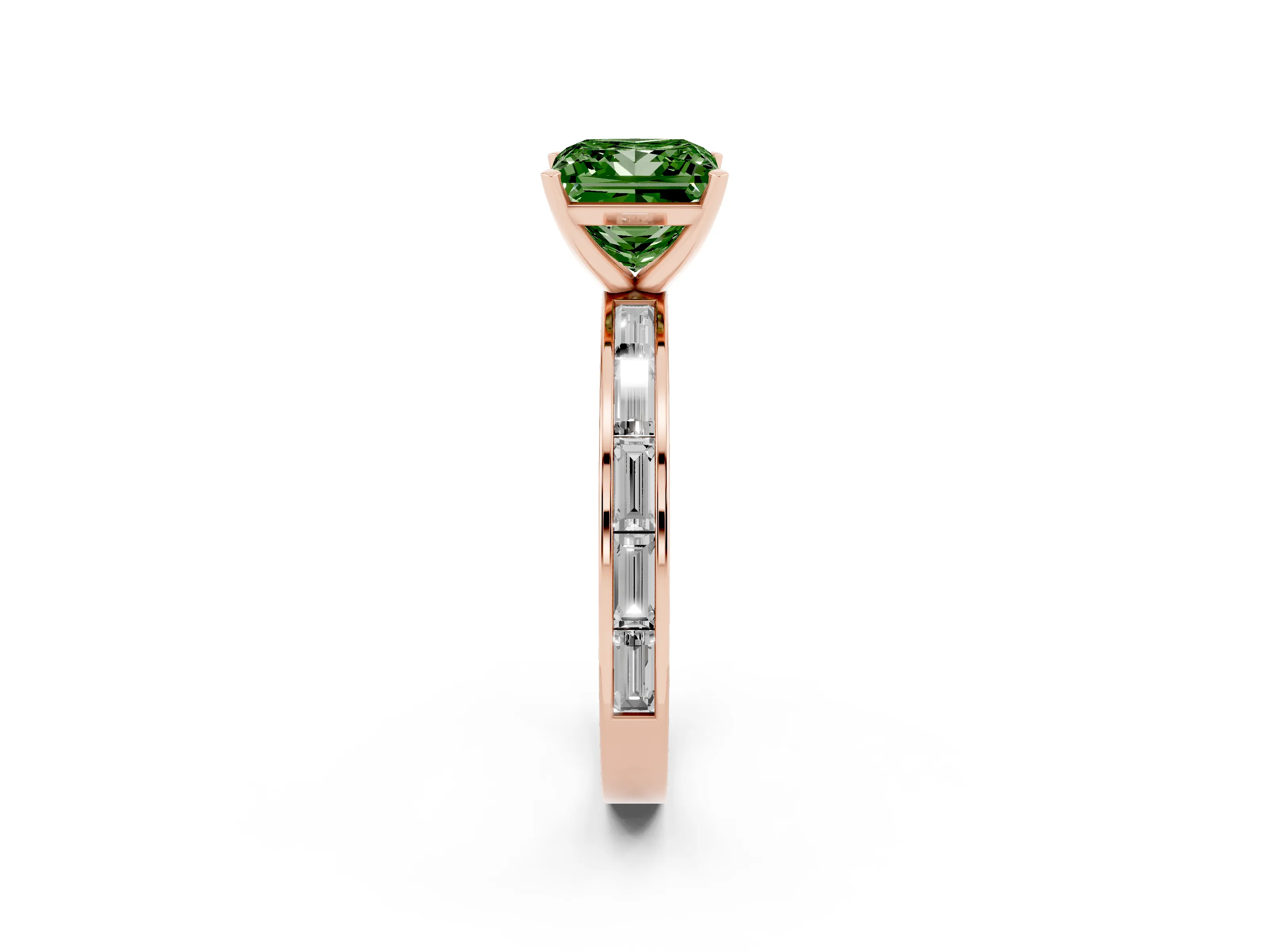 Fancy Green Princess Cut Diamond Solitaire Ring Set in Rose gold with Channel-Set Baguette Band and Prong Setting
