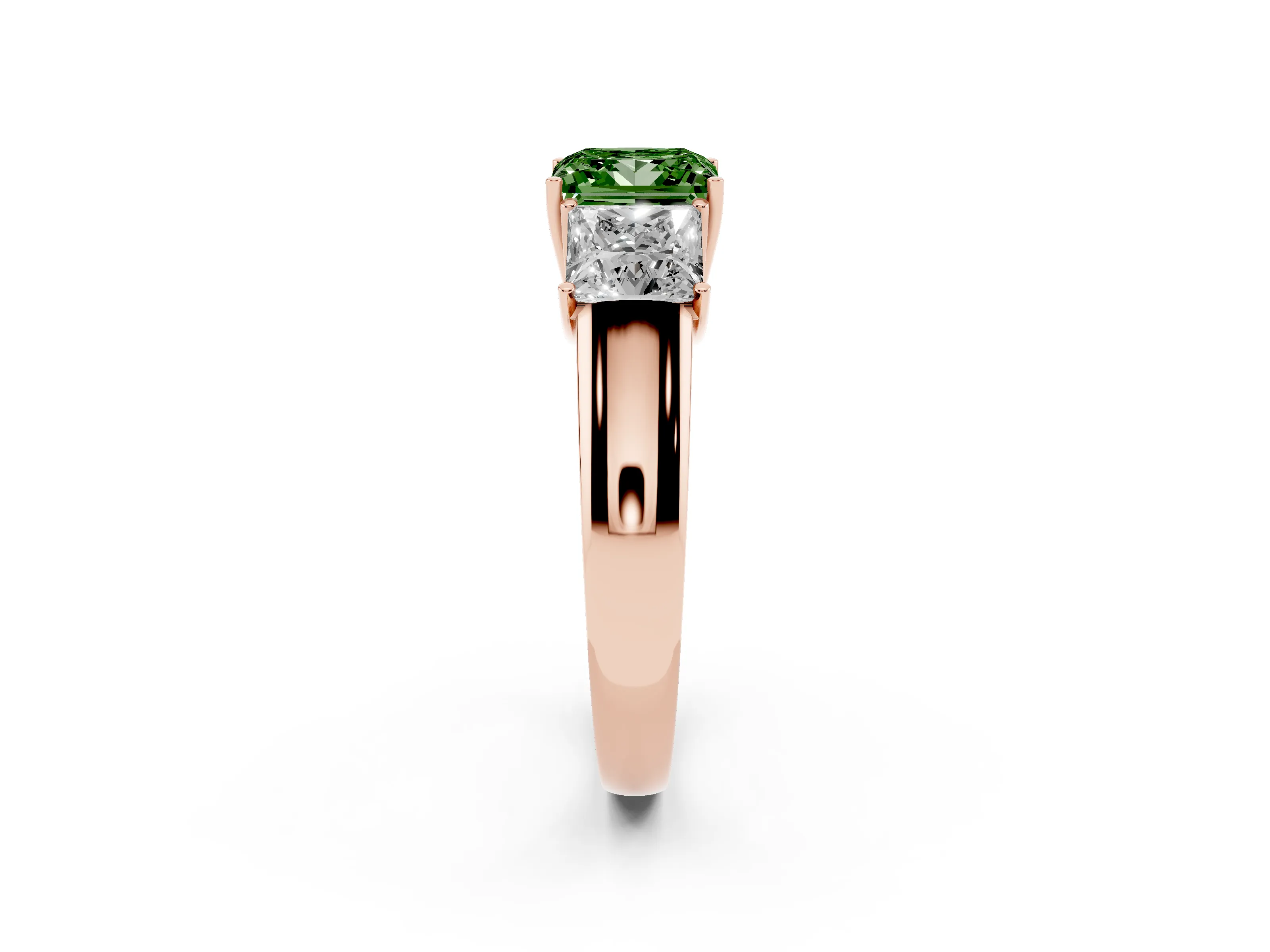 Fancy Green Three-Stone Princess Cut Diamond Ring Set in Rose gold with Matching Prong Settings and Plain Band
