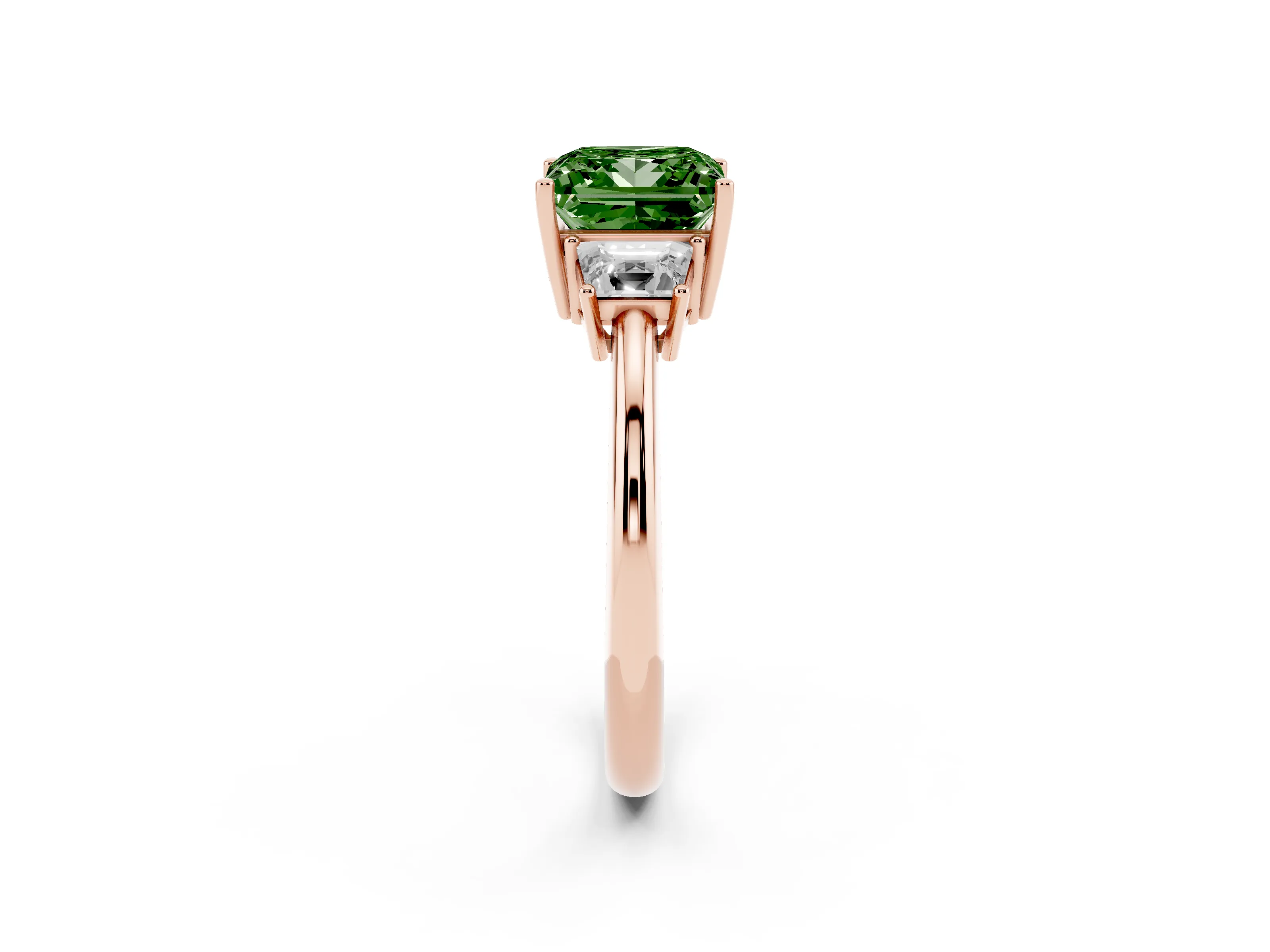 Fancy Green Princess Cut Diamond Three-Stone Ring Set in Rose gold with Trapezoid Side Stones and Prong Setting