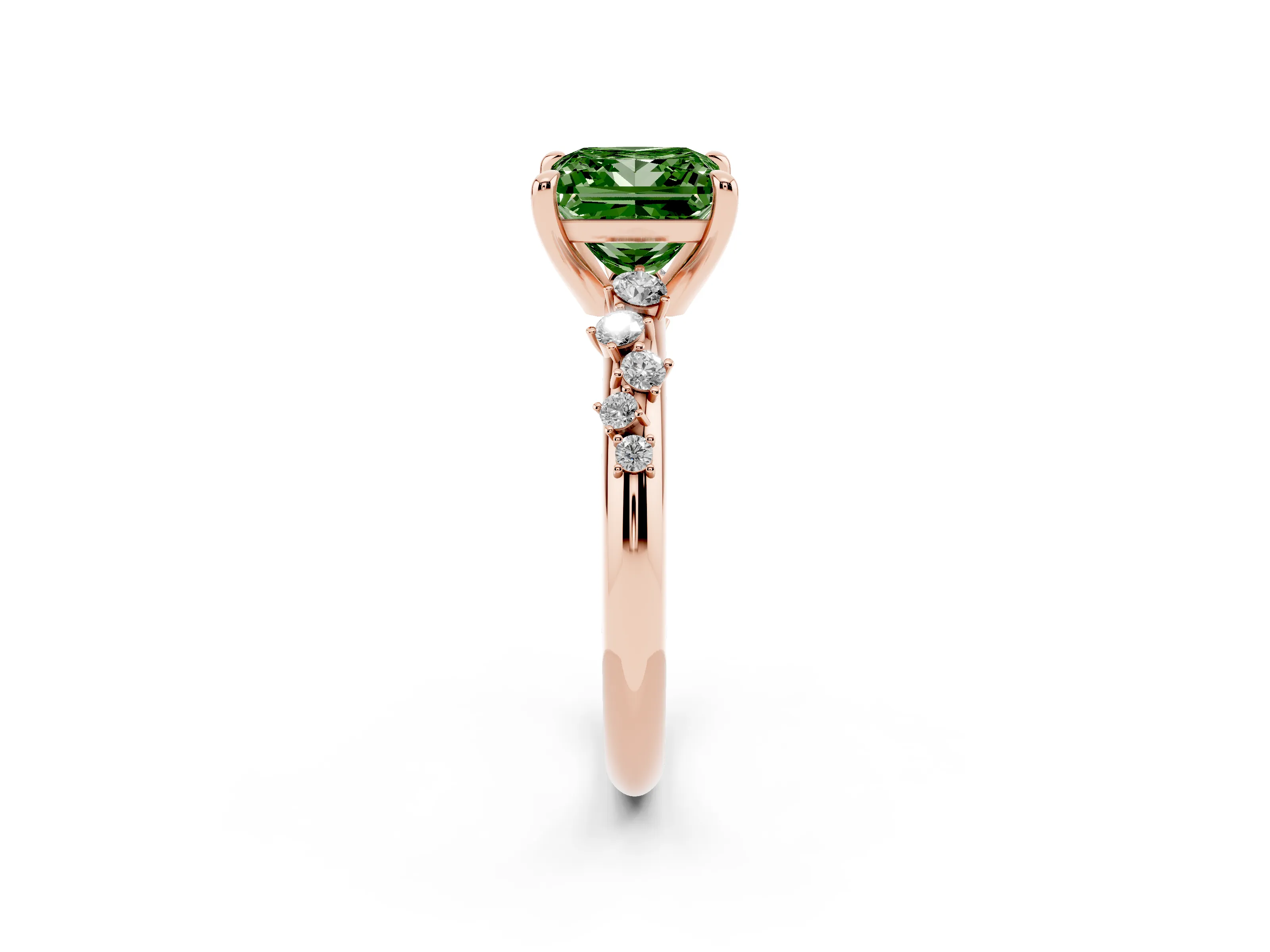 Fancy Green Princess Cut Diamond Solitaire Vine Band Ring Set in Rose gold with Round Accents and Prong Setting
