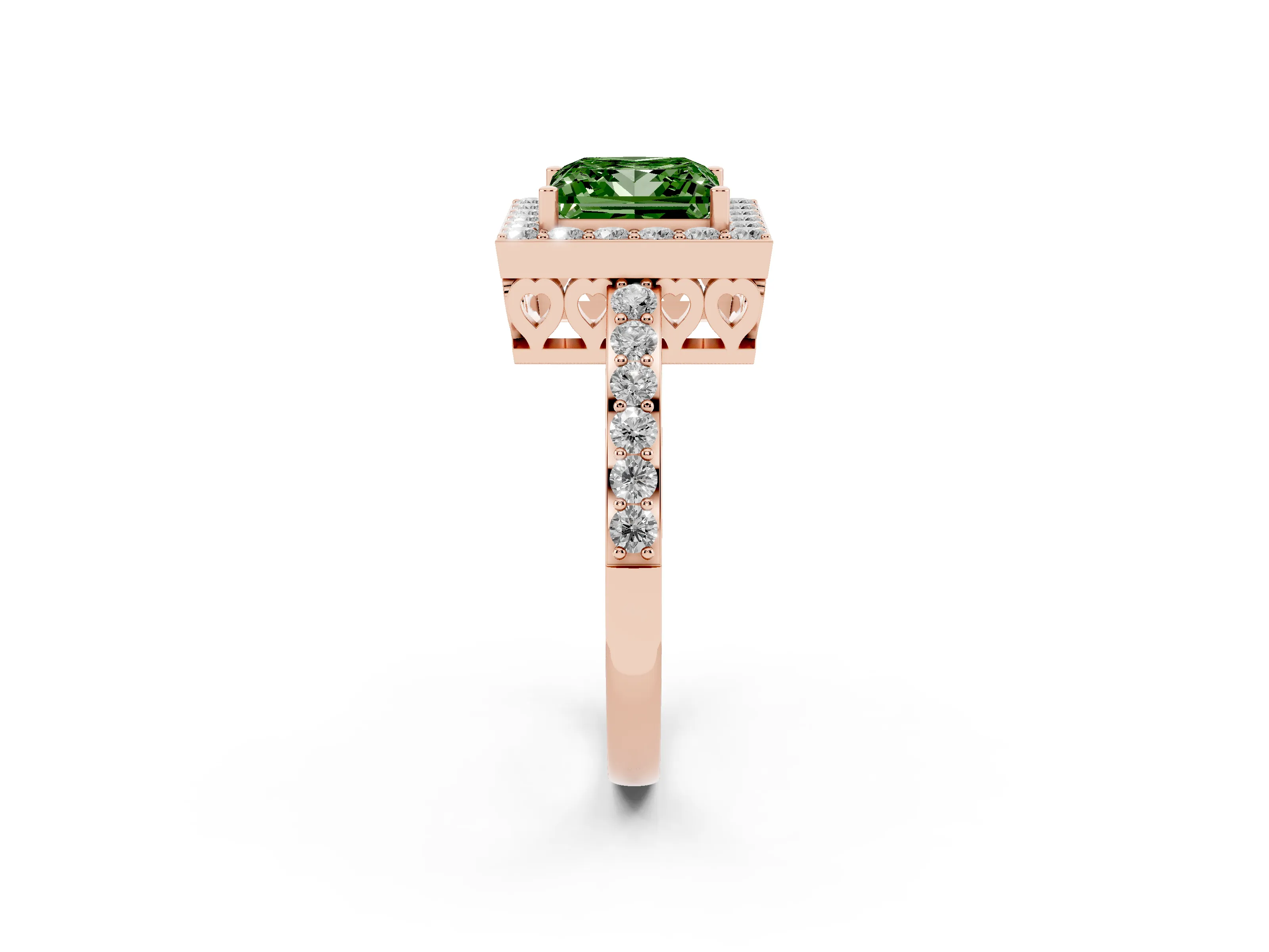 Fancy Green Princess Cut Diamond Halo Ring Set in Rose gold with Pavé-Setting Band and Open Prong Center
