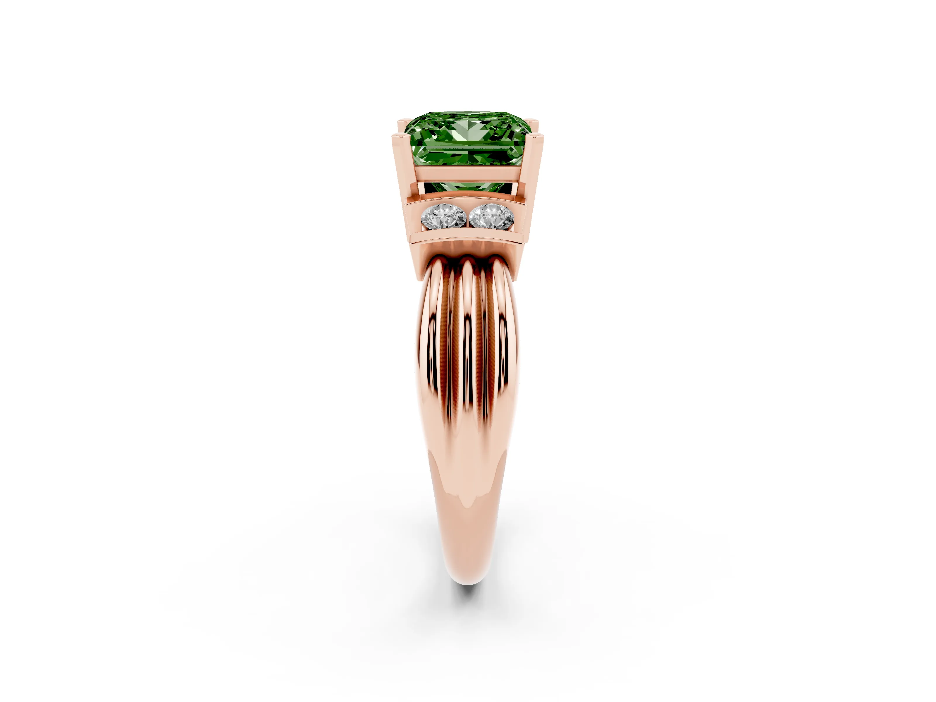 Fancy Green Three-Stone Princess Cut Diamond Channel Set Ring Set in Rose gold with Bar Prongs