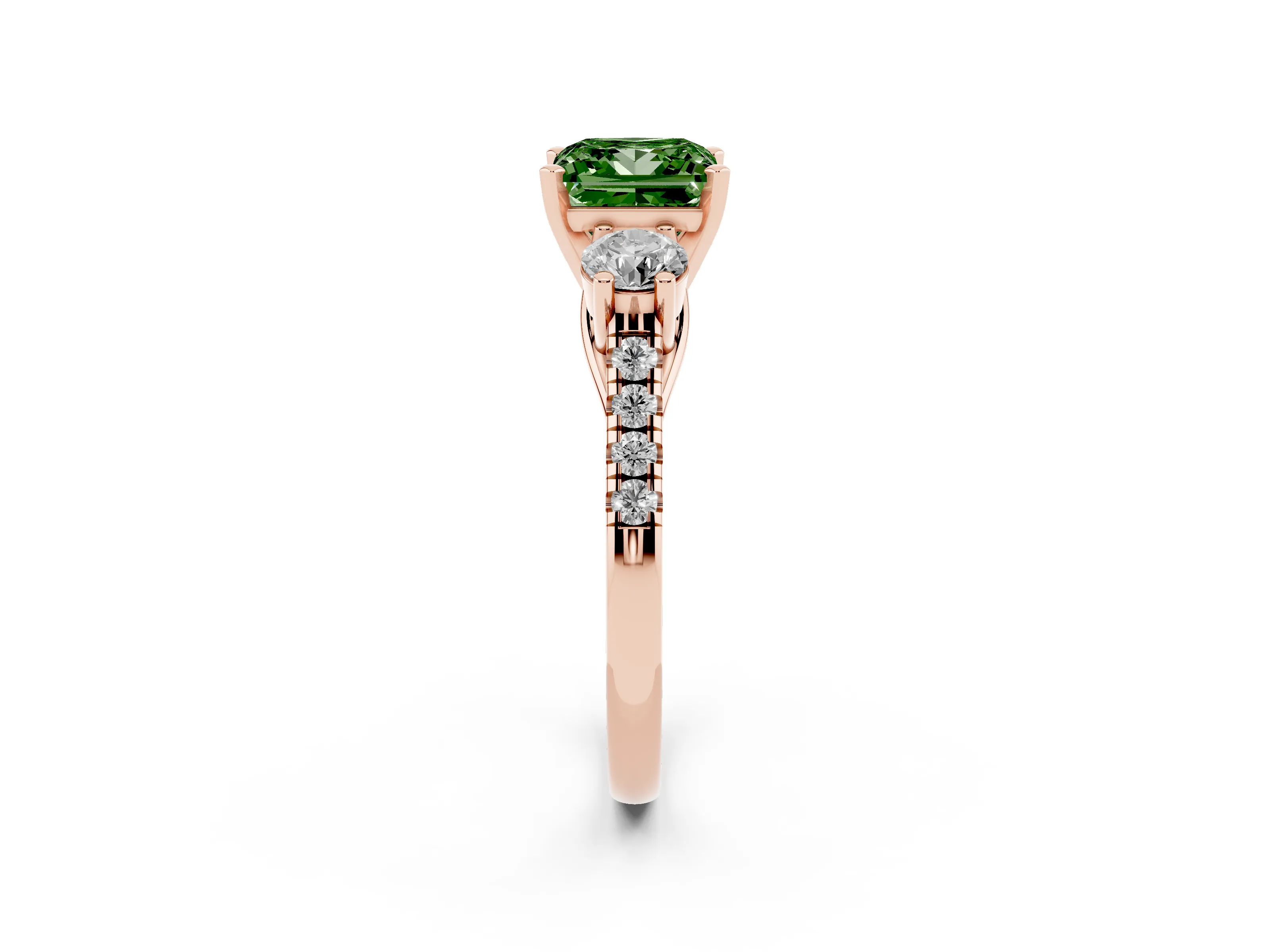 Fancy Green Three-Stone Princess Cut Diamond Pavé Band Ring Set in Rose gold with Prong-Set Trio