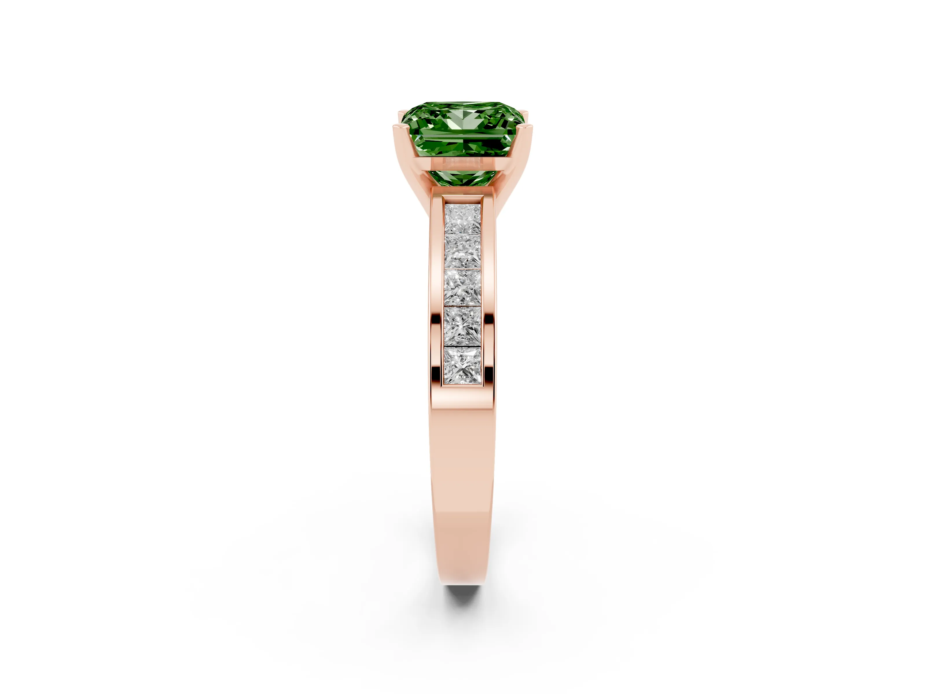 Fancy Green Princess Cut Diamond Solitaire Ring Set in Rose gold with Channel-Set Band and Prong Setting