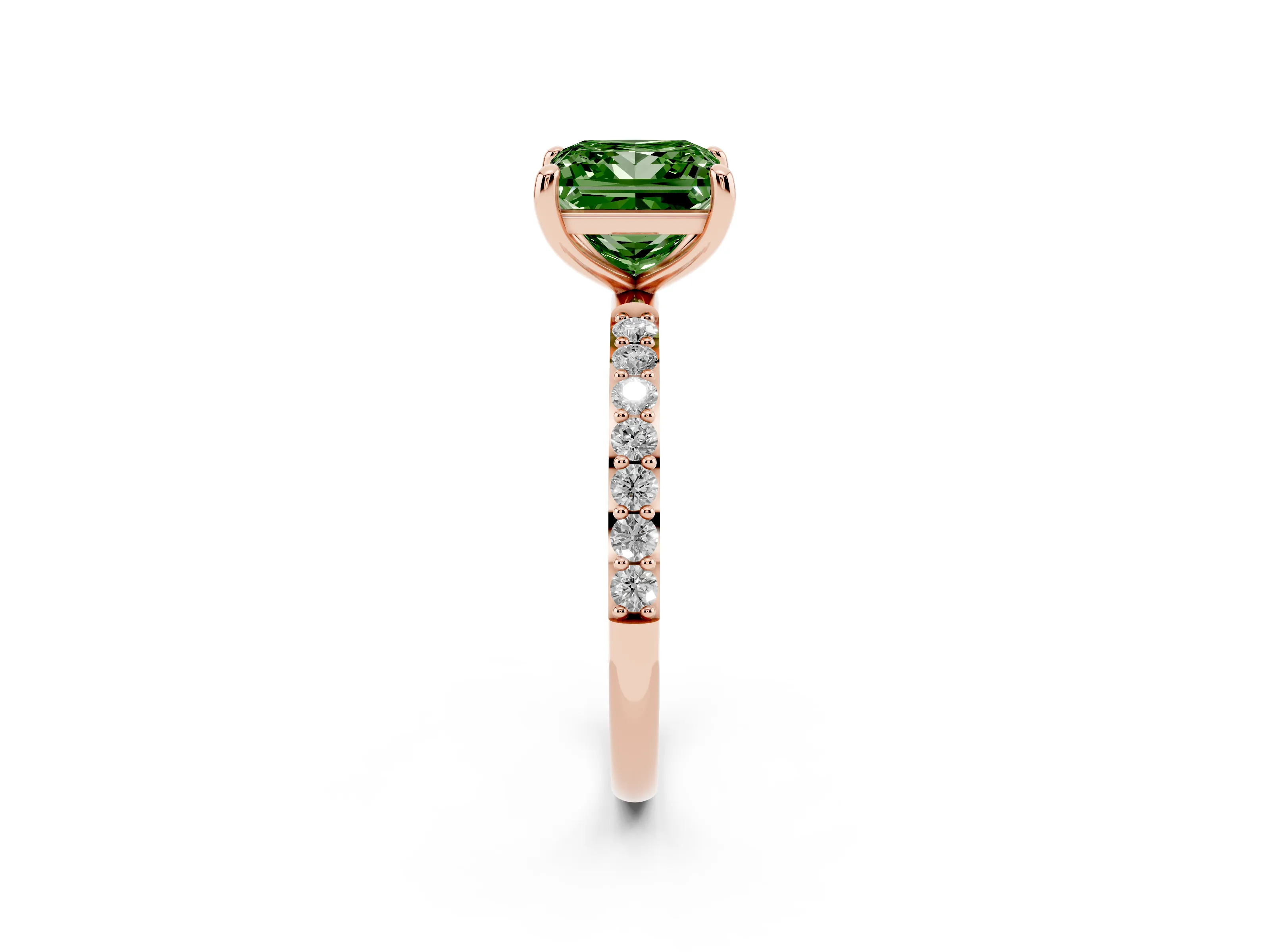 Fancy Green Princess Cut Diamond Solitaire Ring Set in Rose gold with Round Pavé Band and Prong Setting