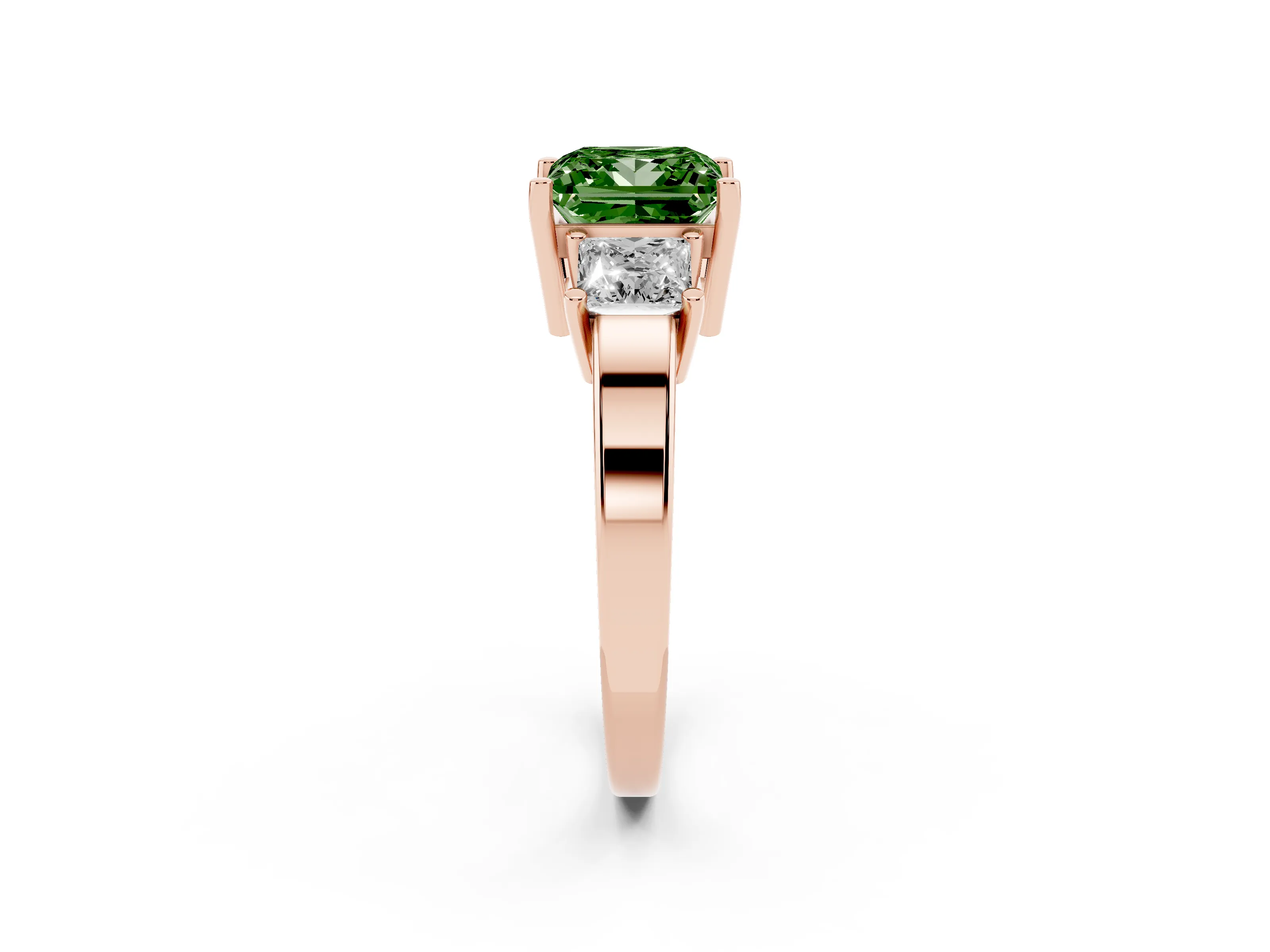 Fancy Green Three-Stone Princess Cut Diamond Solitaire Ring Set in Rose gold with Prong Setting