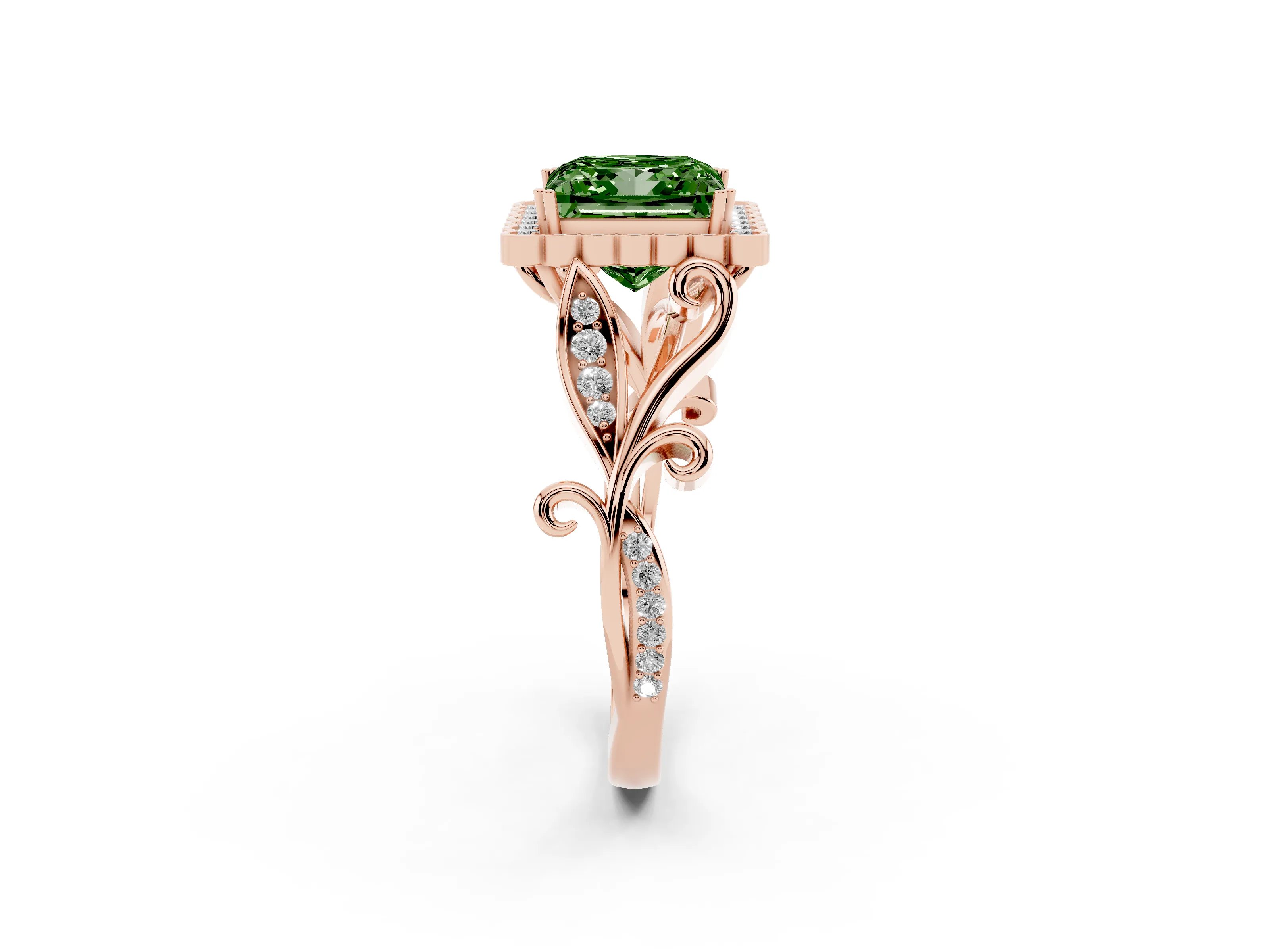 Fancy Green Princess Cut Diamond Halo Ring Set in Rose gold with Leaf Motif Split Shank and Prong Setting